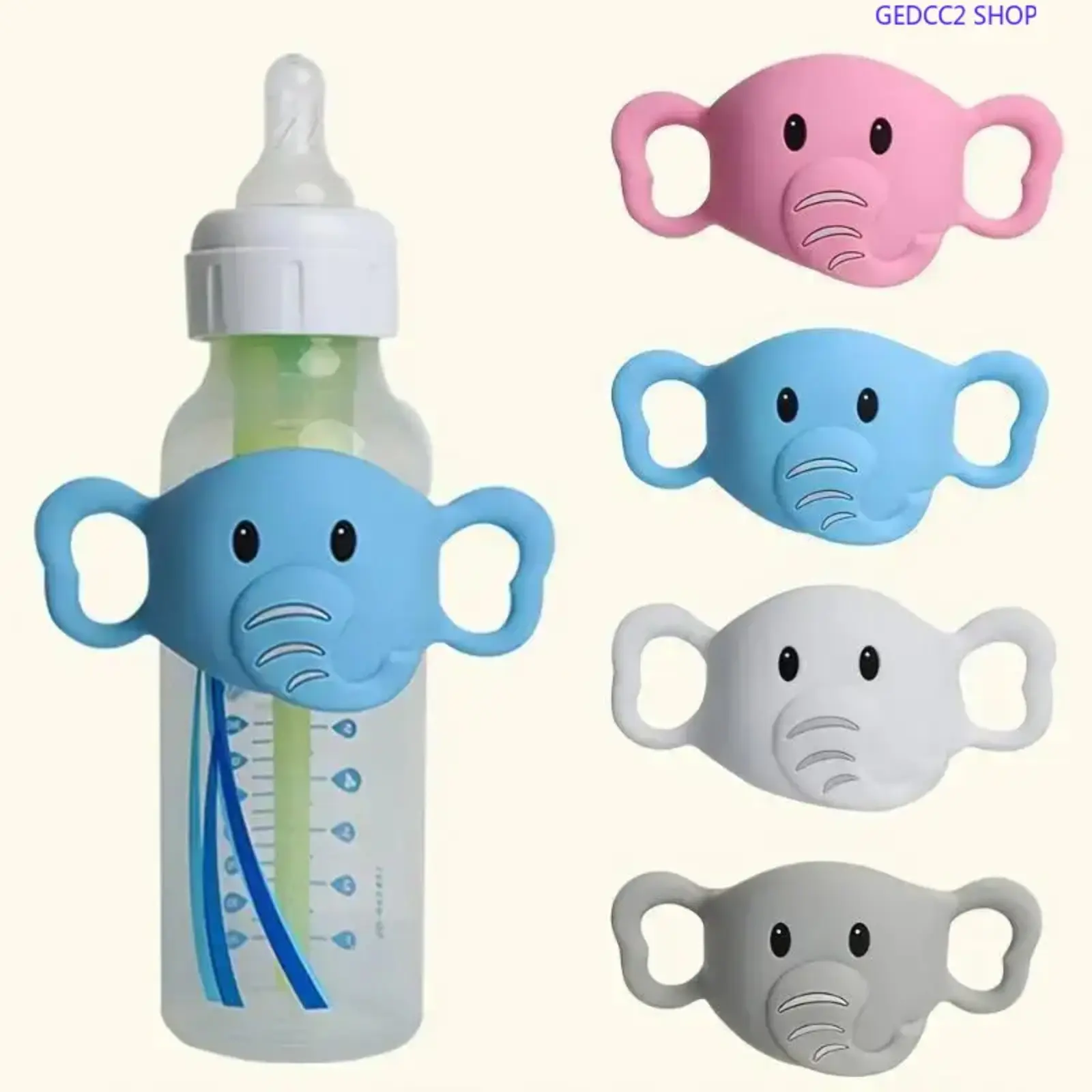 Cute Elephant Silicone Baby Bottle Sleeve with Handles, Anti-Slip Protective Cover for 8oz Bottles, Newborn Feeding Accessory & Baby Shower Gift