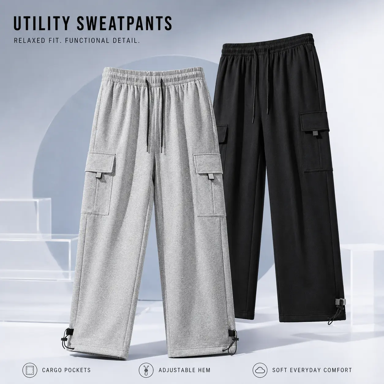 Men Cargo Wide Leg Sweatpants Adjustable Cuff Drawstring Elastic Waist Streetwear Casual Track Pants