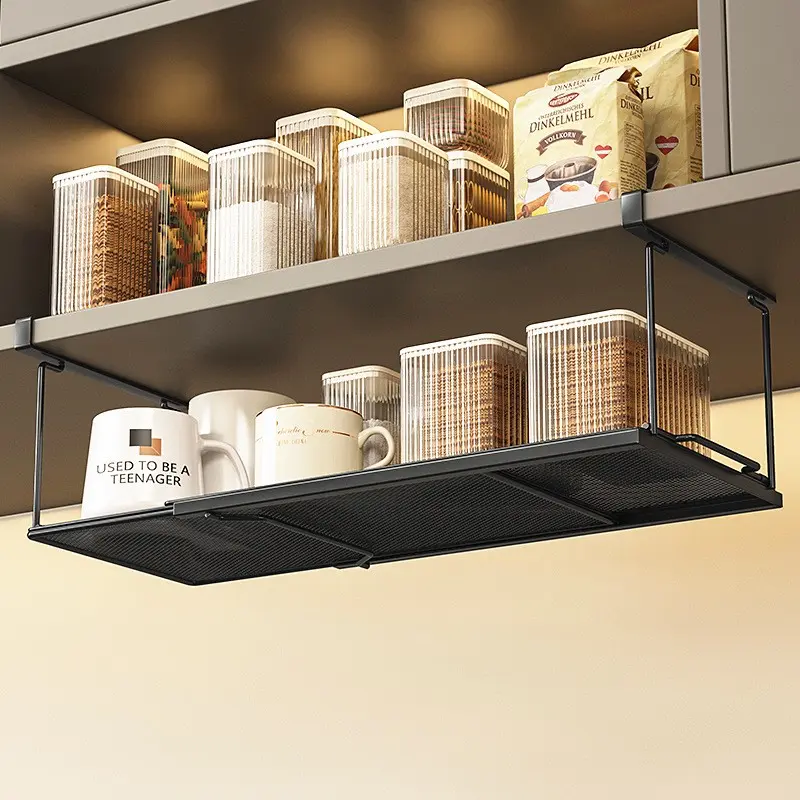 Kitchen Cabinet Undermount Shelf, Adjustable Hanging Storage Rack, Food Wrap & Spice Organizer, Space-Saving Kitchen Accessories