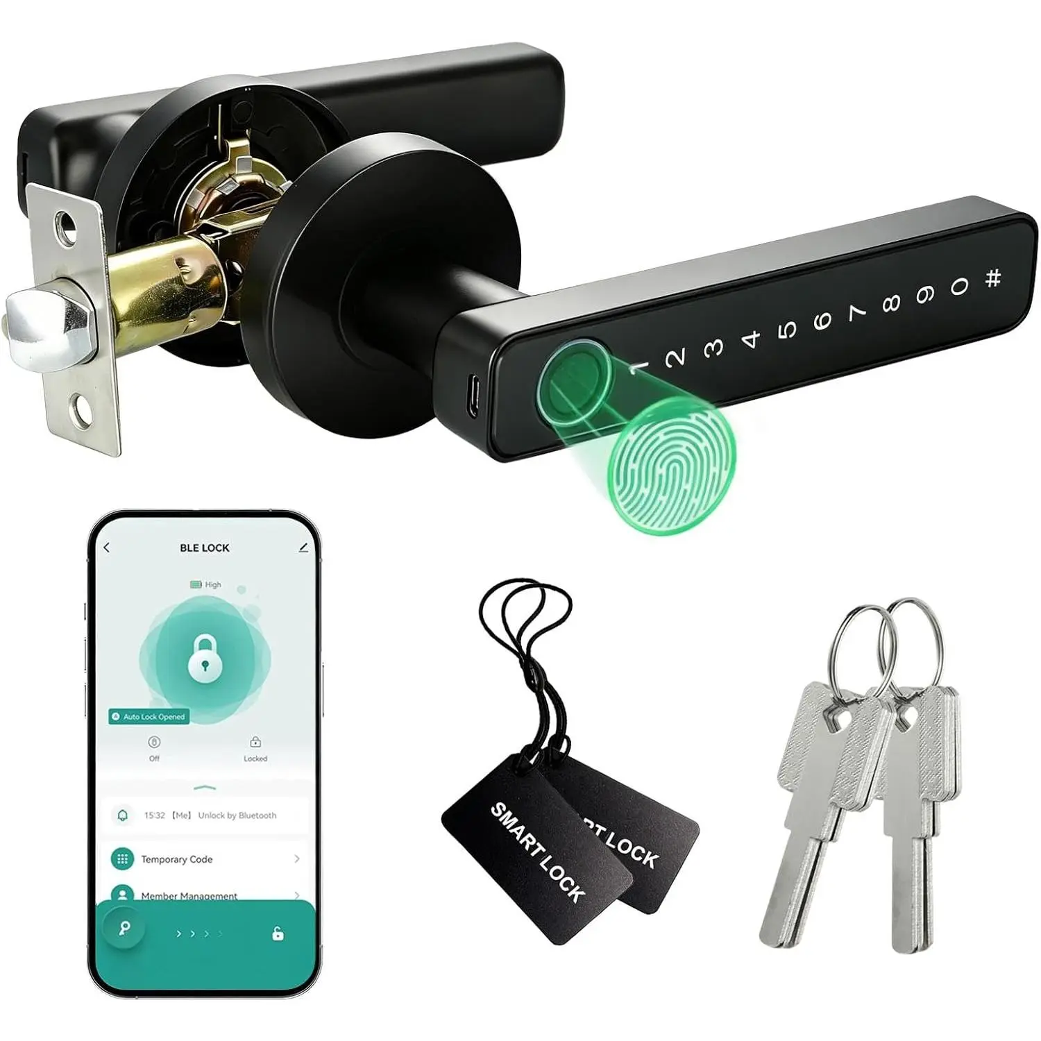 Fingerprint Door Lock with Handle,  Door Knob, Keyless Entry (Fingerprint/Code/Card/App/Key), Auto Biometric Door Knob for Bedrooms/Apartment//Office, Left/Right Doors
