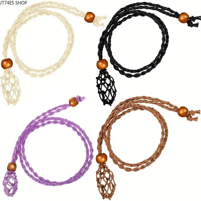 Handmade Adjustable Natural Stone Mesh Holder Necklace, Retro Braided Rope Rough Amethyst Woven Mesh Pocket Pendant