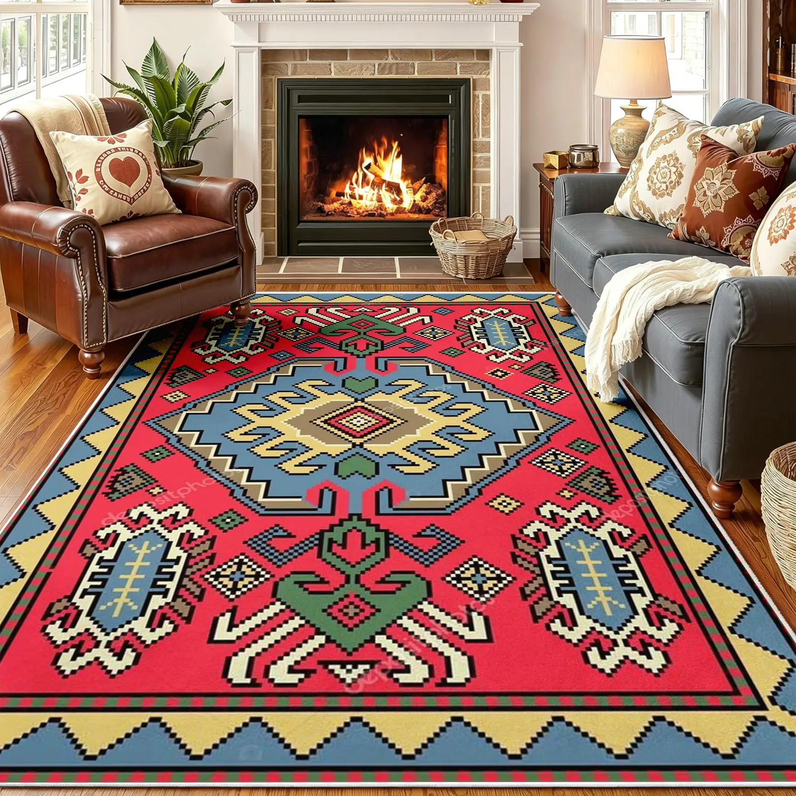 Colorful Boho Area Rug, Bright Red & Blue Geometric Cross Stitch Motif with Yellow & Green Accents, Non-Slip Washable Carpet, Soft Durable Floor Mat, Aesthetic Rugs for Living Room Bedroom Decor, 8 x 10 ft Area Rugs