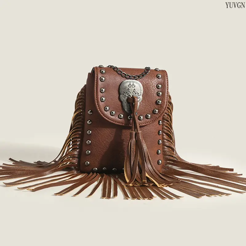 Women's Gothic Boho Crossbody Bag with Embossed Skull, Studded Rivets & Fringe - Western Chain Strap Purse for a Party or Music Festival, Flap With Studded Rivets, Music Festivals