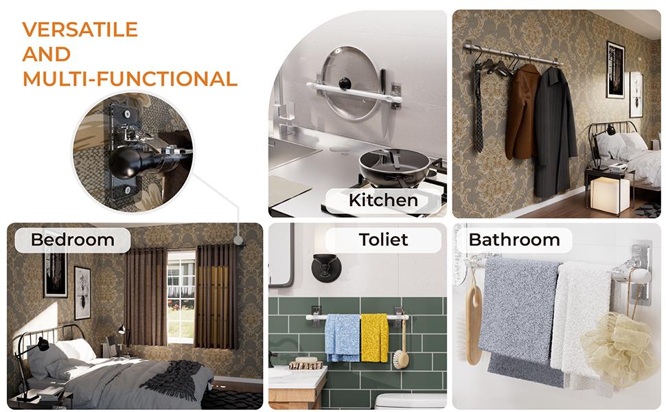 No Drill Needed Curtain Rod Holders, Enhanced Self Adhesive Rod Brackets, Multipurpose Nail-Free Stick on Curtain Rod Hooks, Curtain Hangers for Dorm, Bathroom, Bedroom, Livingroom Decor