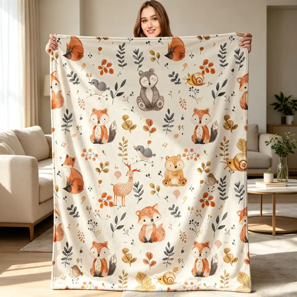 Forest Animal Print Flannel Blanket - Cartoon Fox, Owl, Deer Patterns, Stain Resistant, Ideal Gift for Animal Lovers, Suitable for Home & Sofa, Picnic & Travel, Flannel Cloth, Picnic Bed Sofa
