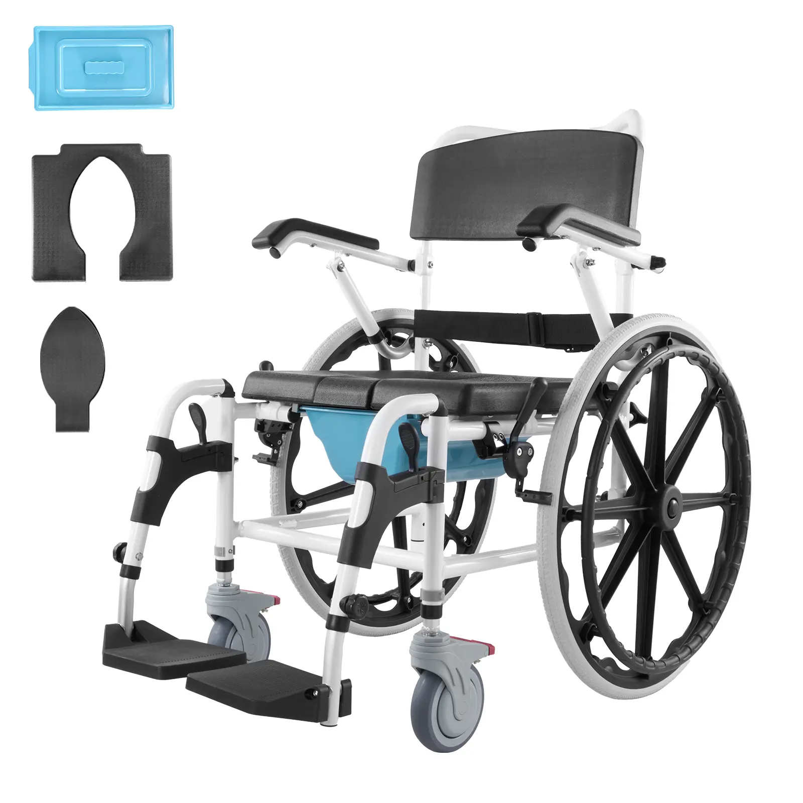 Shower Wheelchair, 17.5in Width Aluminum Alloy Bathroom Wheelchair for Inside Shower, Adjustable Rolling Shower Chair w/ Brake for Disabled Adult, 300 lbs Capacity Shower Commode Transport Chair
