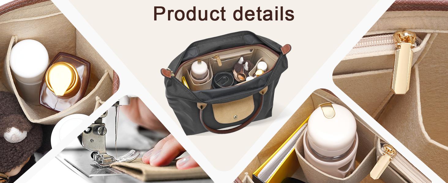 Felt Purse Organizer Insert for Longchamp Le Pliage Bag, Handbag Leather edge Longchamp Organizer Insert with Cup Holder Tote Organize(Black, Large)