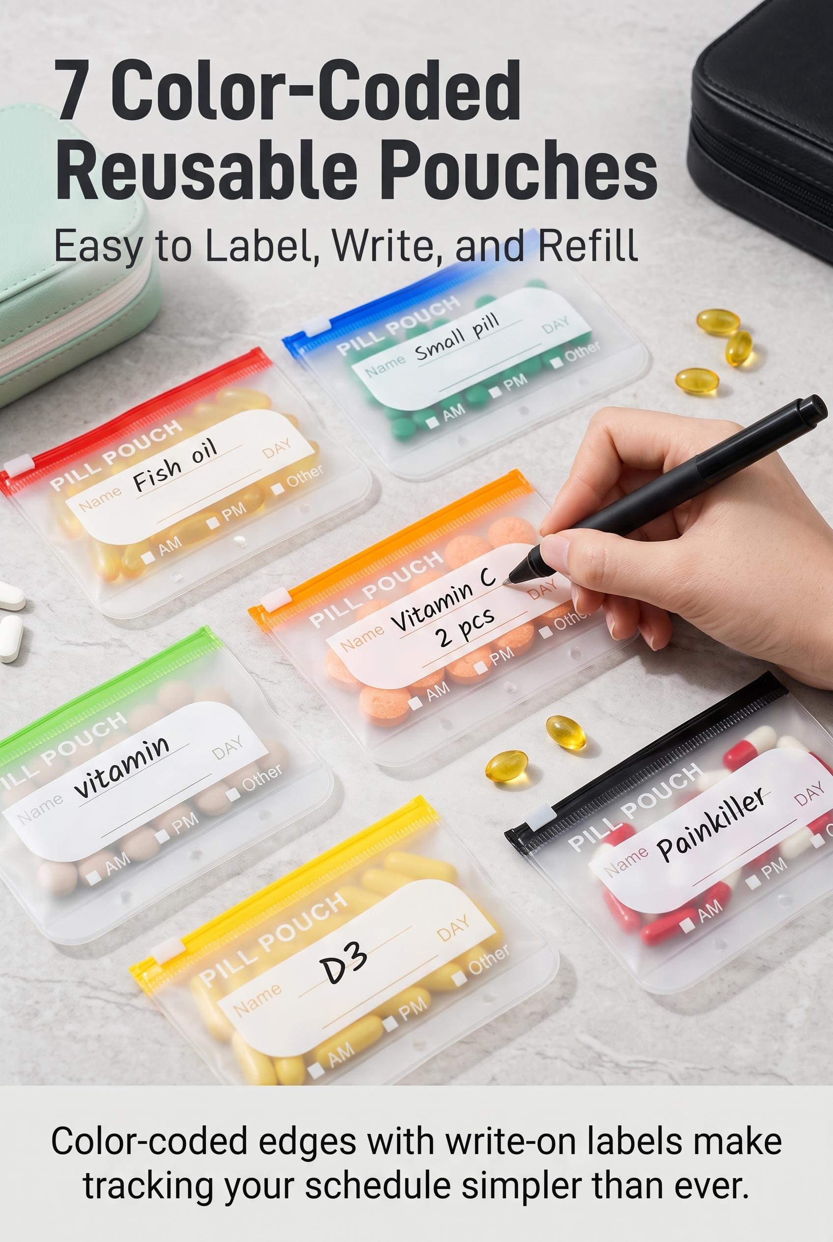 Waterproof Pill Pouch Set, Large Weekly Pill Organizer with 14 Color-Coded Medicine Pouches, Reusable Travel Medicine Organizer, Zippered Pill Storage for Fish Oils, Vitamins, dealsforyou, summerwins