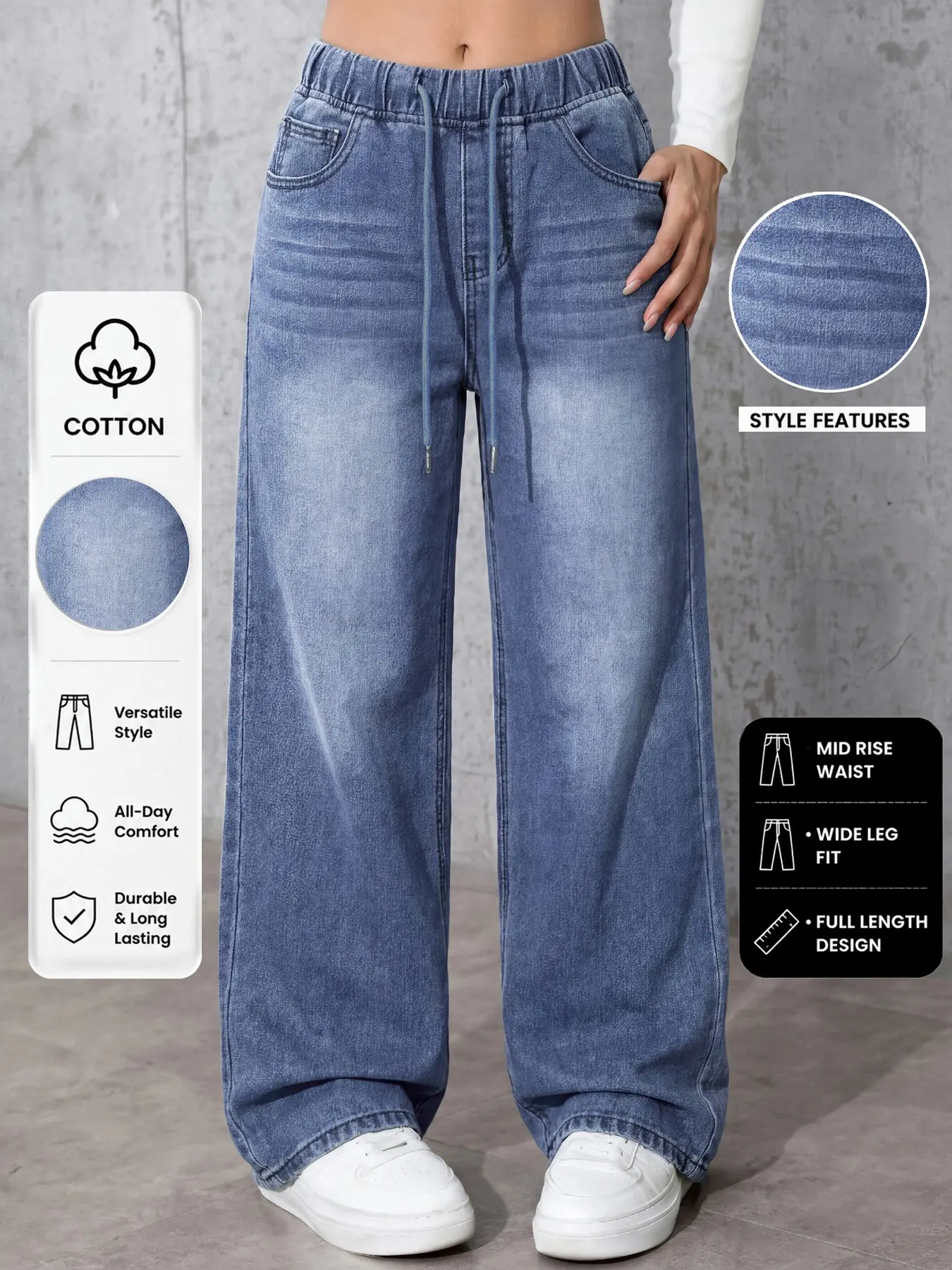 Women's Casual Drawstring Waist Straight Leg Loose Fit Jeans, Sweet Everyday Versatile Style, Suitable for Outdoor Wear, All Seasons