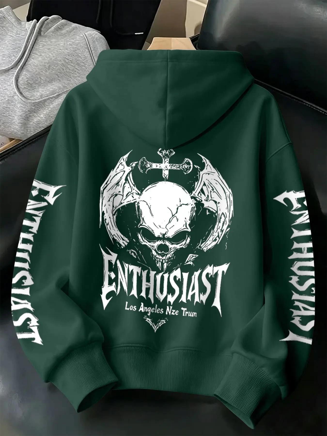 Dark Gothic Devil Skull Wings Print Hoodie, American High Street Style, Loose Fit Sweatshirt, Fall & Winter Casual Wear