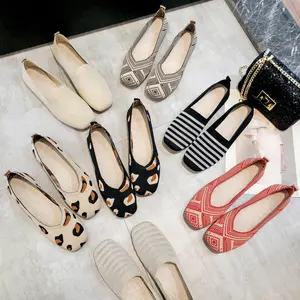 2026 Women's Breathable Knit Slip-On Flats |     Soft Sole Square Toe Boho Print Casual Walking Shoes