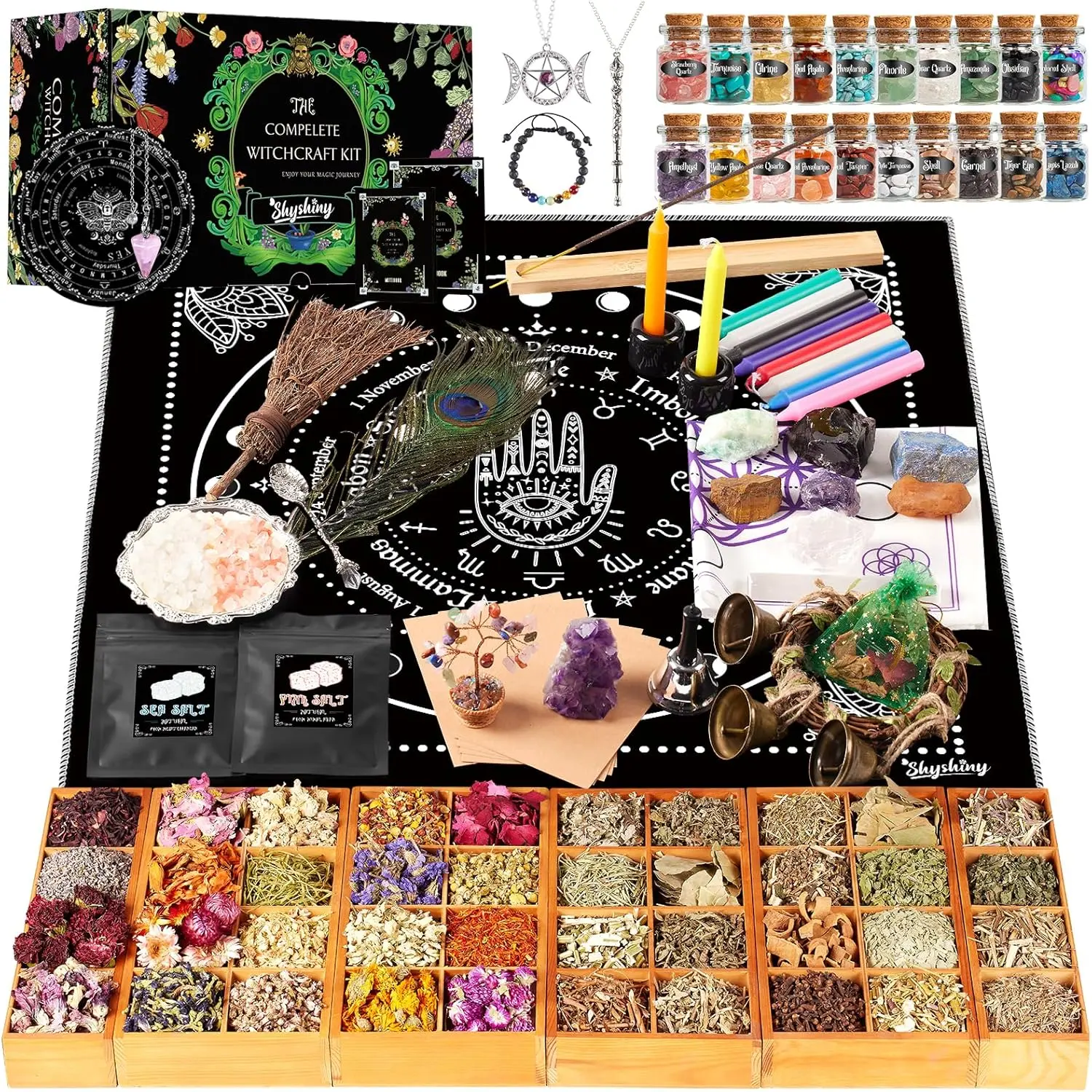 Witchcraft Supplies Kit - 150-Pack Unisex Wiccan Tools Set with Dried Herbs, Crystals, Candles, Stone for Green Witch Altar Starter Spell, Witchy Gifts for Beginners