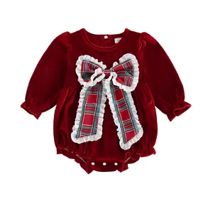Newborn Baby Girl Christmas Outfit Velvet Bow Smocked Bubble Romper Ruffle Onesie Bodysuit Infant Fall Winter Clothes