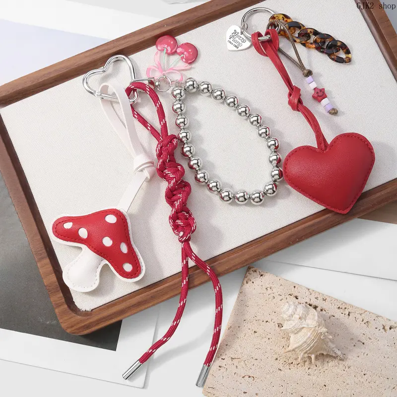 Red PU Mushroom Heart Bag Charm, Silver Beaded Braided Rope Keychain Cute Backpack Pendant