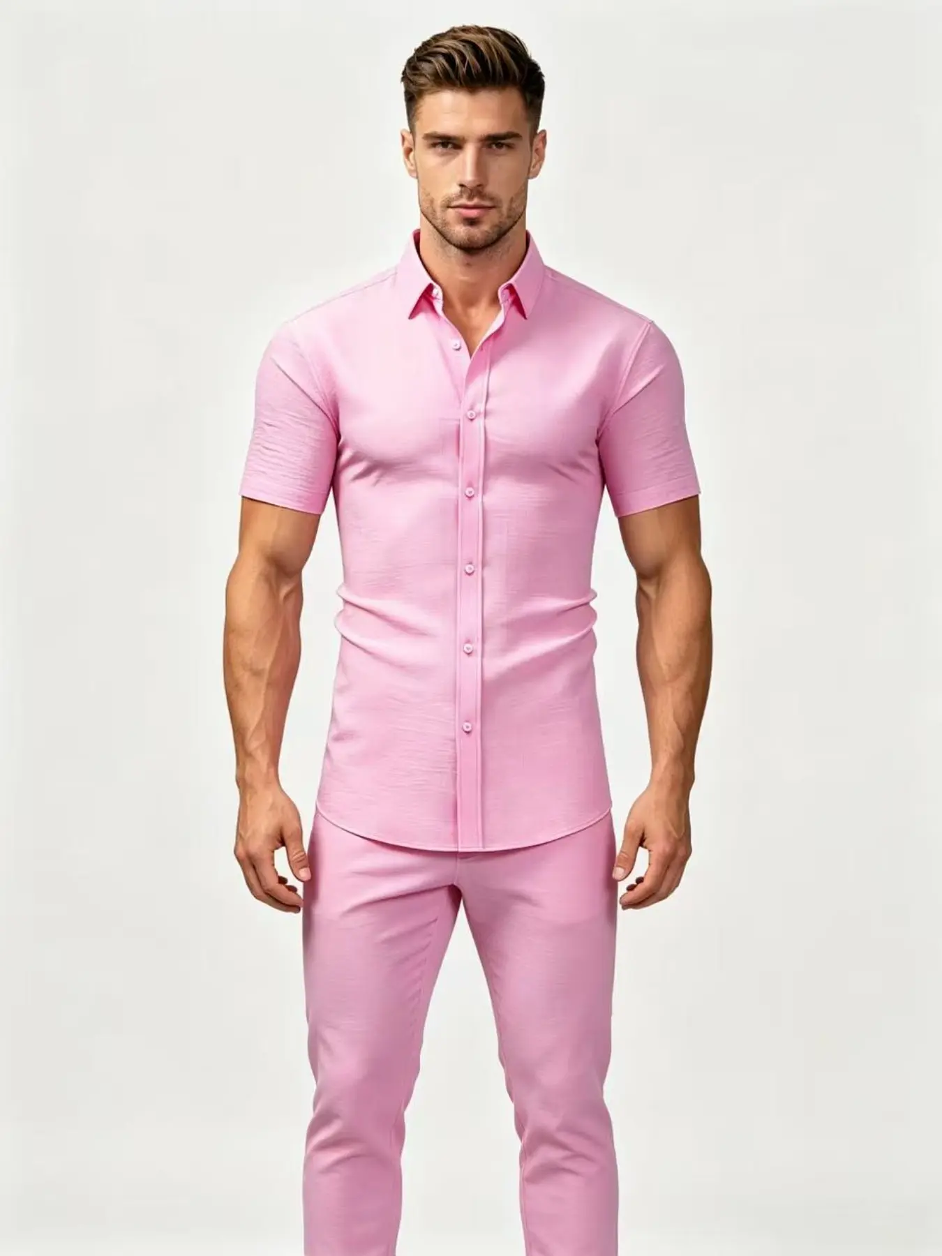 Men's Casual Slim-Fitting Short Sleeve Shirt, Soft Solid Color, Wrinkle-Resistant Linen, Easy Care, All Seasons