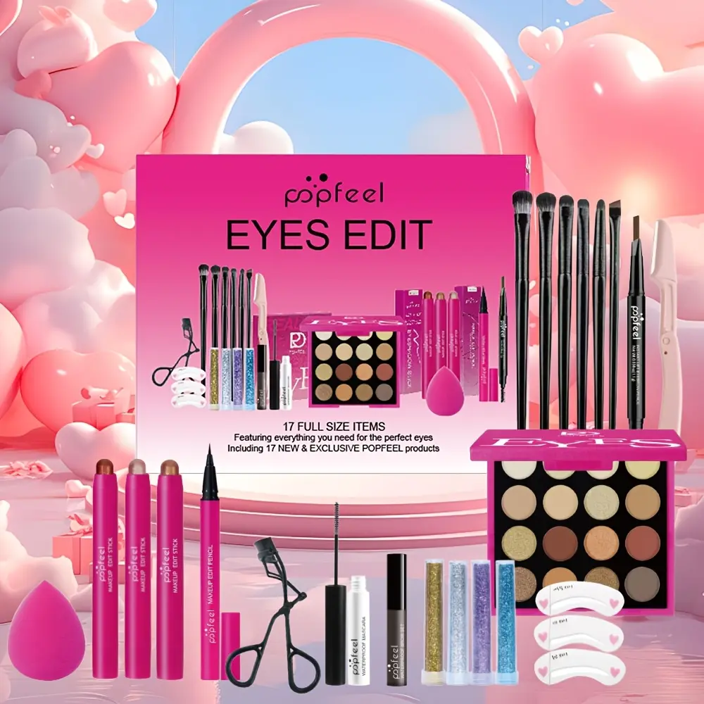 POPFEEL Professional Makeup Set — the ideal choice for makeup brush sets, eyeshadow palettes, lip gloss, Valentine's Day gifts, and Mother's Day gifts, includes eyeshadow sticks, concealer sticks, foundation, mascara, eyebrow pencils, and makeup tools