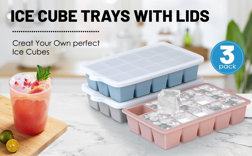 Silicone Ice Cube Trays 3Packs, Easy Release Ice Cube Molds with Lid, Freezer Stackable Ice Maker for Whiskey, Baby Food, BPA Free (Blue+Grey+Pink)