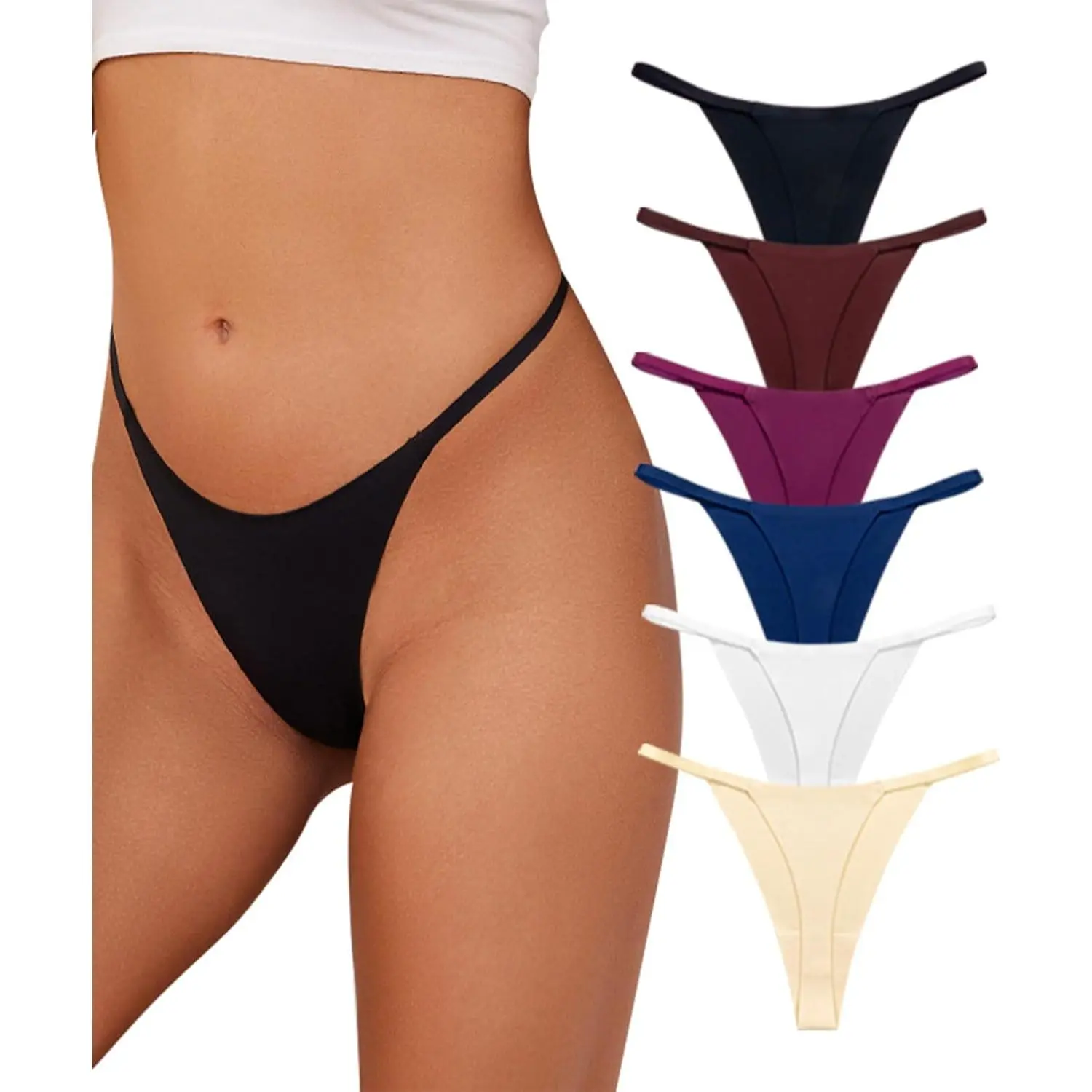 Women's 6-Pack Seamless Thongs, Breathable No-Show G-String Panties, Sexy Low-Rise Lingerie for Women's Clothes, Fashion Breathable Underwear