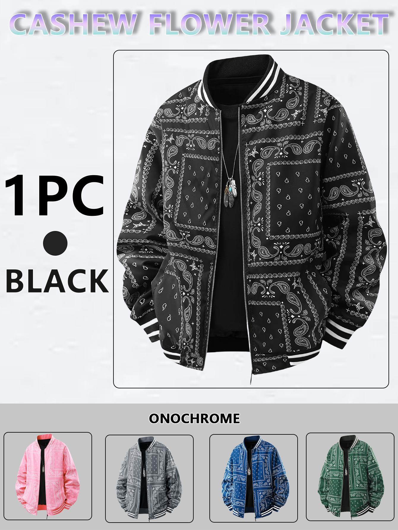 Men's Casual Cashew Flower Varsity Jacket, Vintage Lightweight Bomber Baseball Collar Jackets, Classic Fabric, Men's Fashion Stylish, Men's jackets, Streetwear, Men's Clothing Halloween Gifts SpringStatements