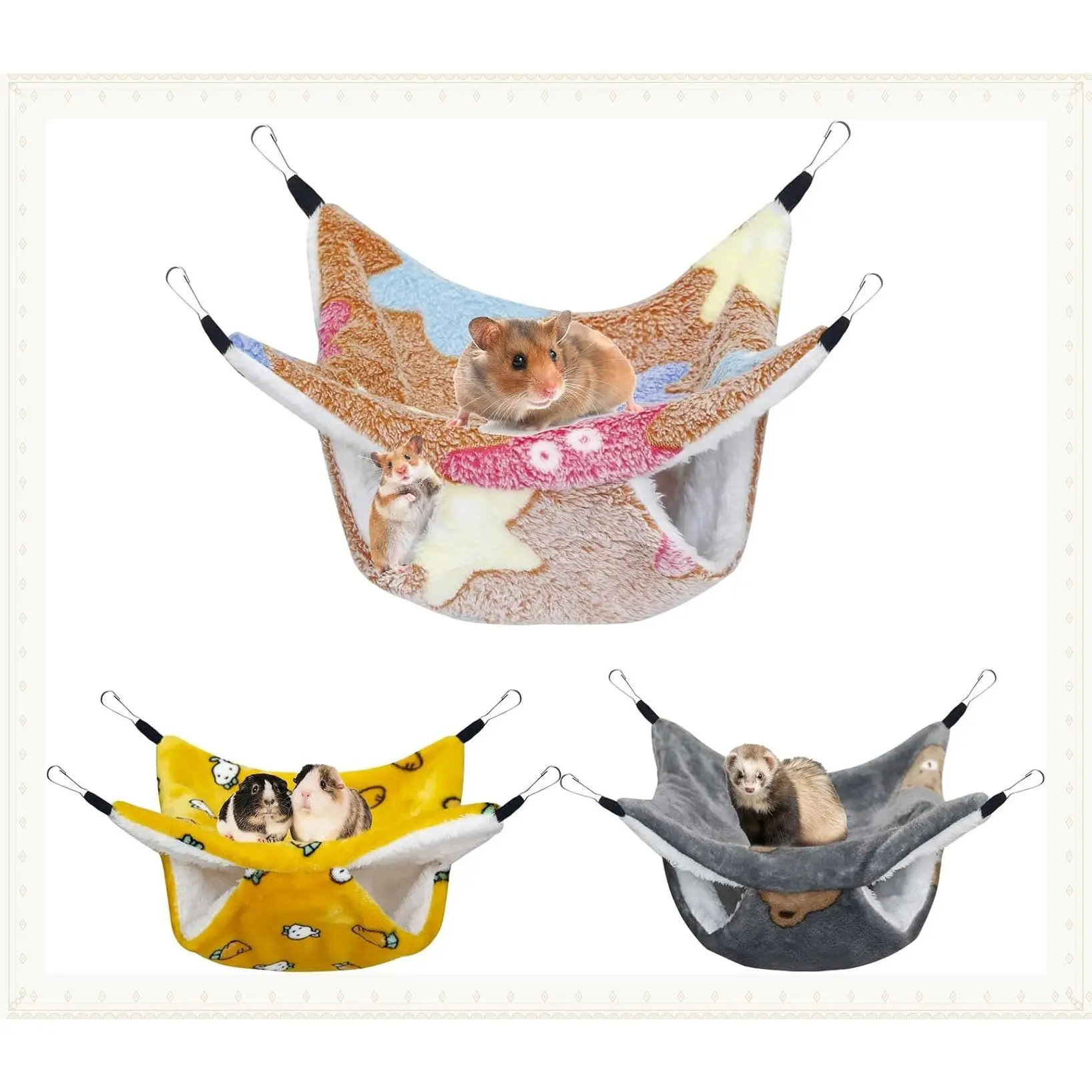 3 Pack Guinea Pig Hammock - Hanging Small Animal Hammock for Ferrets, Rats, Chinchillas, Sugar Gliders, Hamsters, Squirrels & Parrots, 11" x 11"Gift