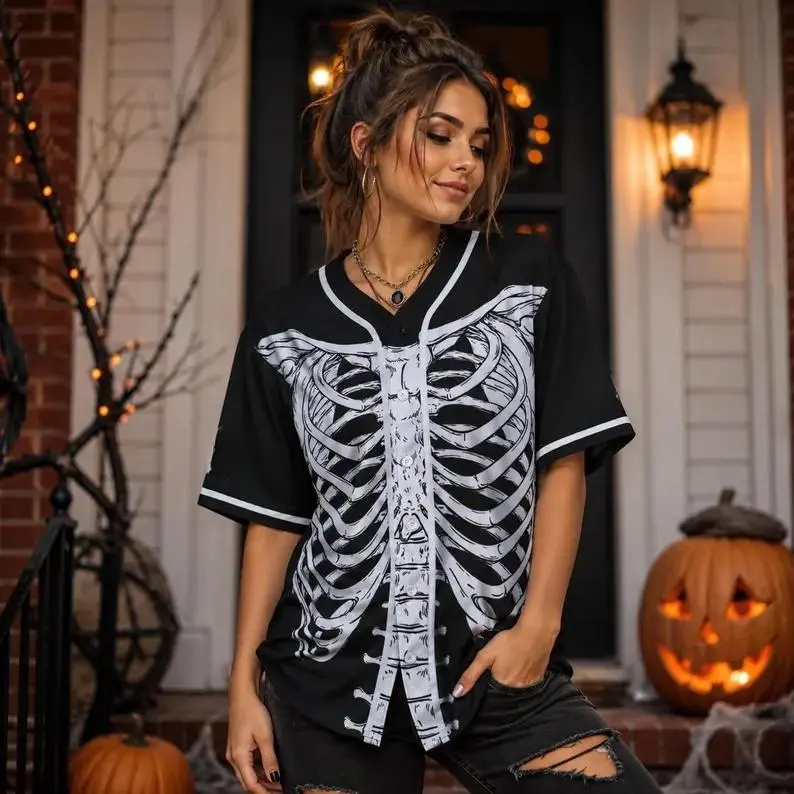 Skeleton Baseball Jersey, Halloween Costume Shirt for Men Women, Spooky Bones Streetwear, Easy Party Outfit, Couple Matching # TikTokMadeMeBuyIt # FamilyHalloweenOutfit # CustomPrintJersey # HalloweenPartyEssential