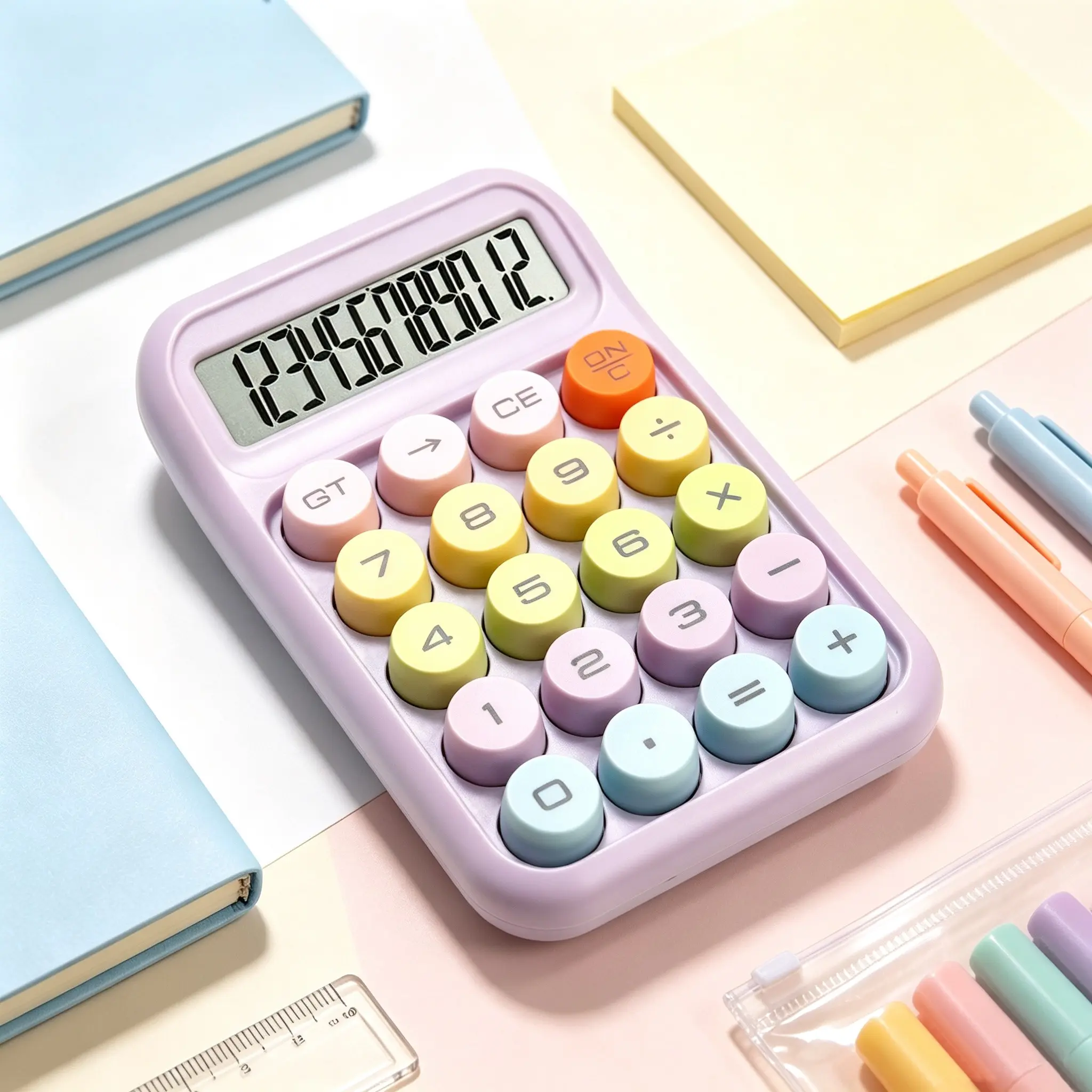 Cute Macaron Color 12-Digit Desktop Calculator, Large Screen Mechanical Keys, Portable Essential for School, Office, Study Desk Organizer
