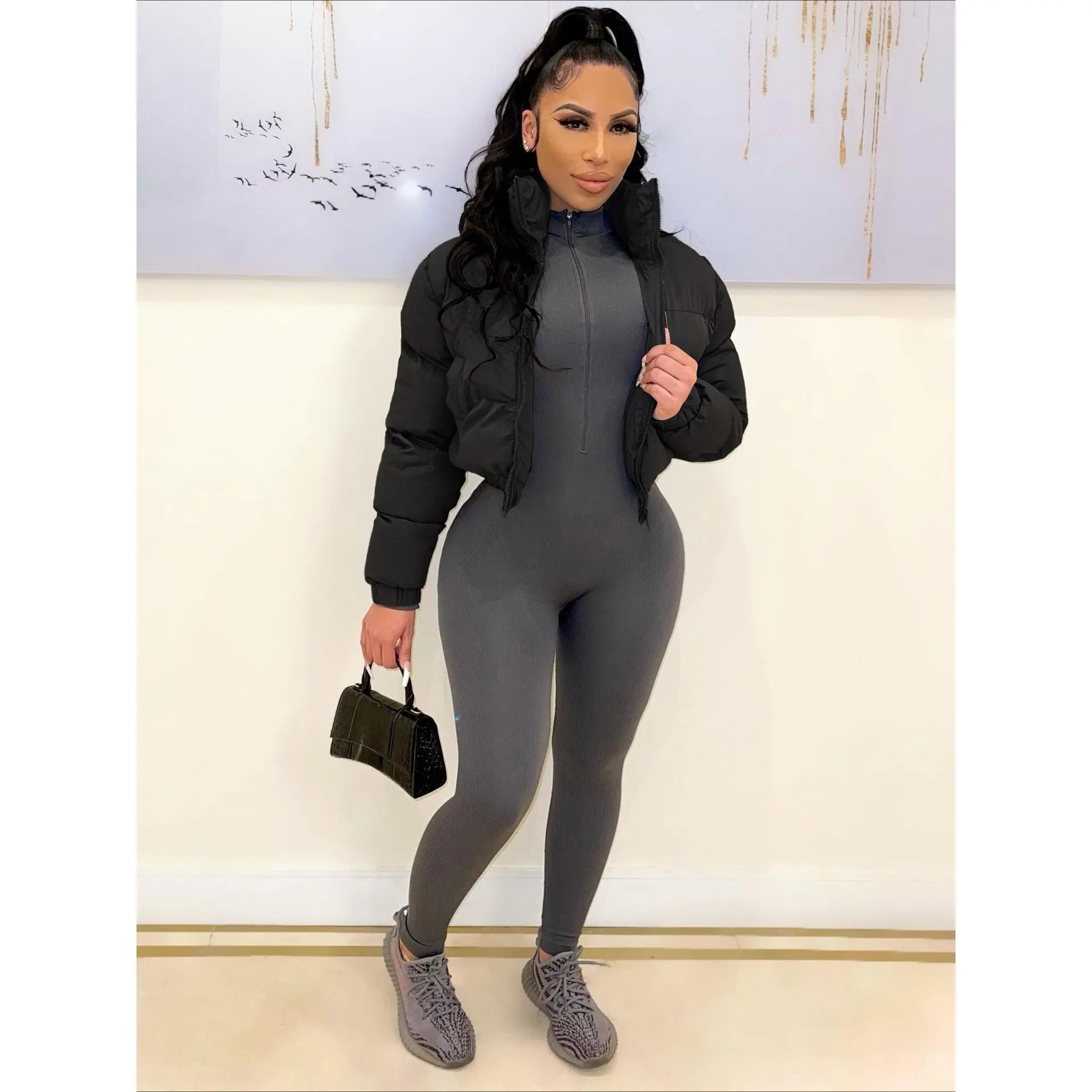 Women's Solid Basic Zip Up Coat Jacket, Casual Long Sleeve Pocket Zipper Outerwear for Fall & Winter, Women's Clothing for Daily Wear, Women's short jacket, Suitable for everyday wear