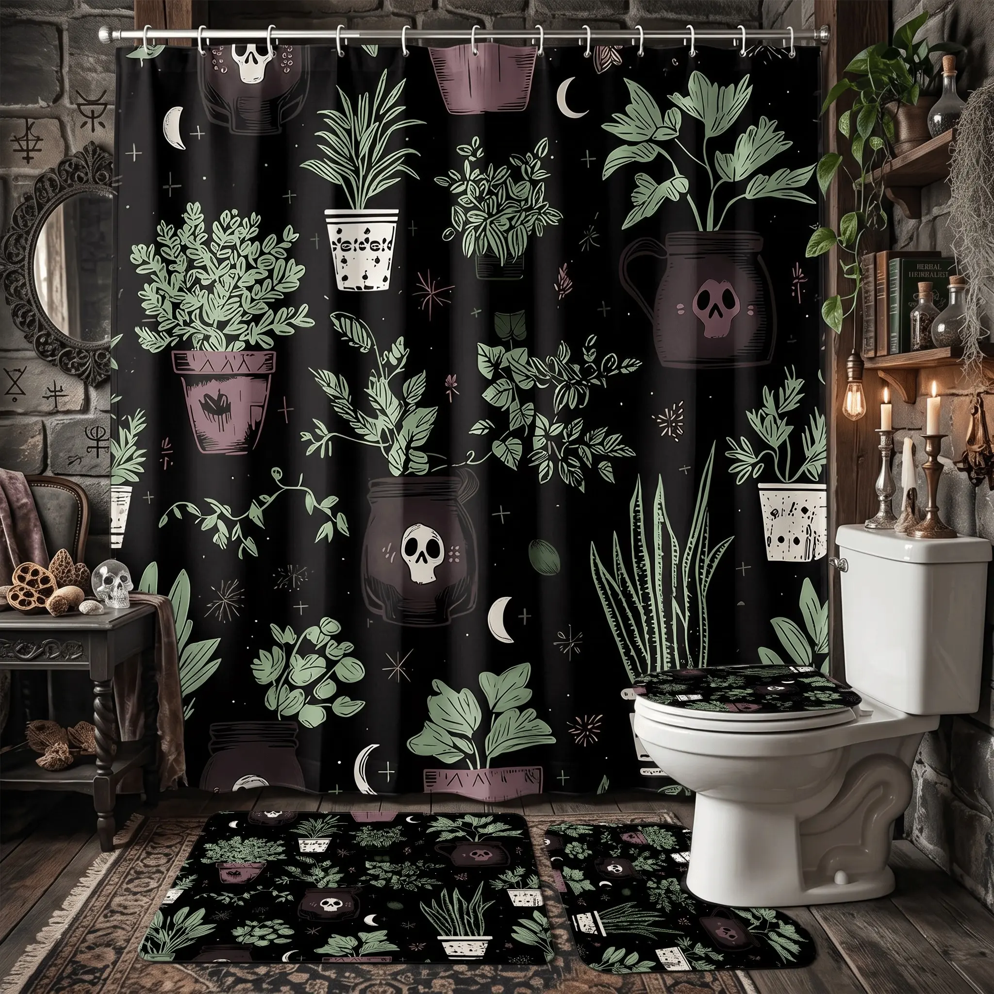 4pcs Gothic Plant Shower Curtain Set with Rugs, Skeleton Skull Potted Herbs Bath Mats,The floor mat fabric is thicker and softer! Spooky Witchy Boho Aesthetic Bathroom Decor for Halloween