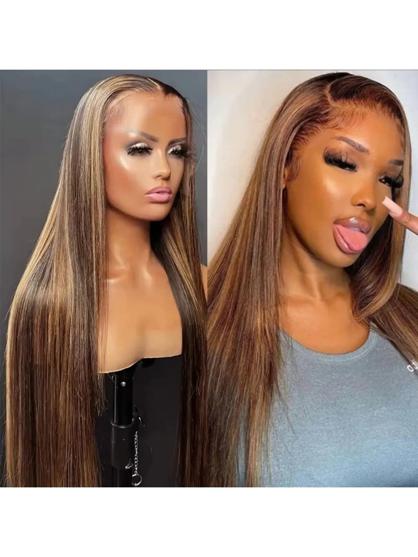 4/27 Honey Blonde Ombre Highlight Straight Glueless Brazilian Human Hair Wig With Bangs, 180 Density 5x5 HD Lace Closure Fashion Trendy Wig for Women