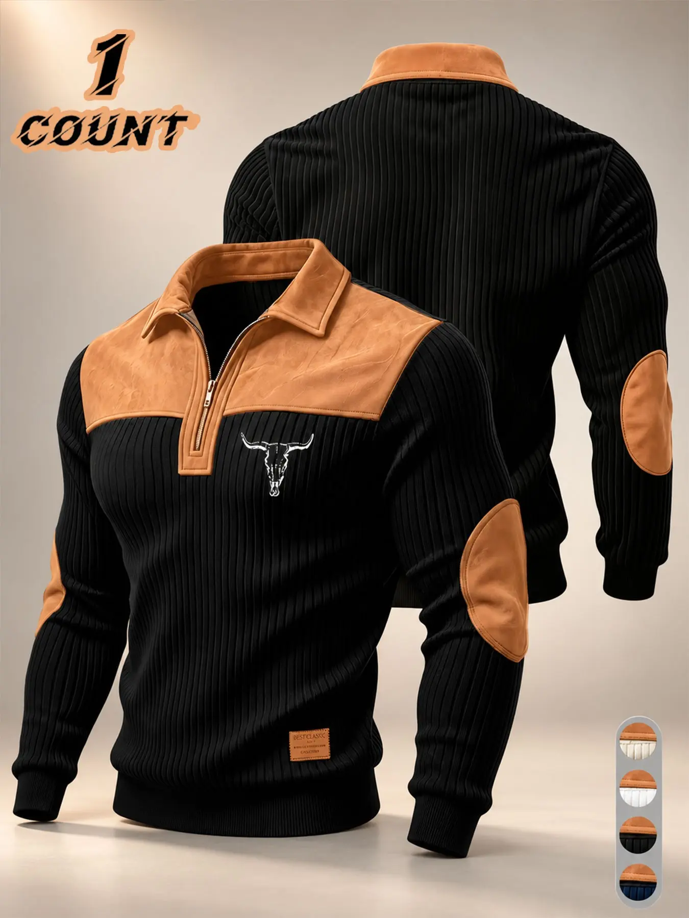 Men's Western Cowboy Style Skull Print Half-Zip Collar Hoodie, Loose-Fit Long Sleeve Knitted Top, Minimalist Fashion Apparel, Half Zip Sweater