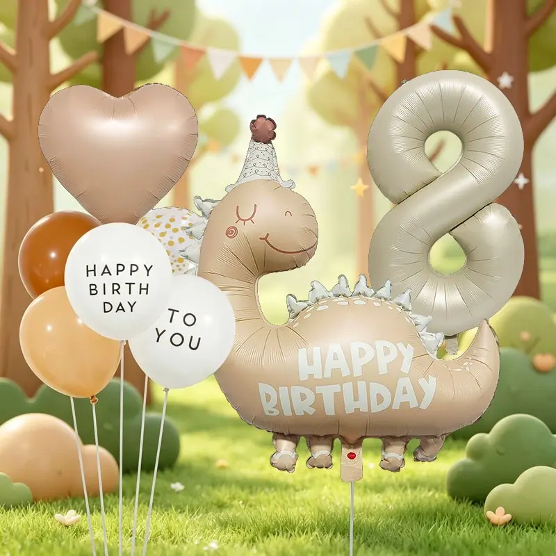10-Piece Morandi Tea Dinosaur Birthday Balloon Set, Includes 32-Inch Cream Number Foil, Caramel Heart, Dinosaur Balloons, Perfect for Outdoor Parties