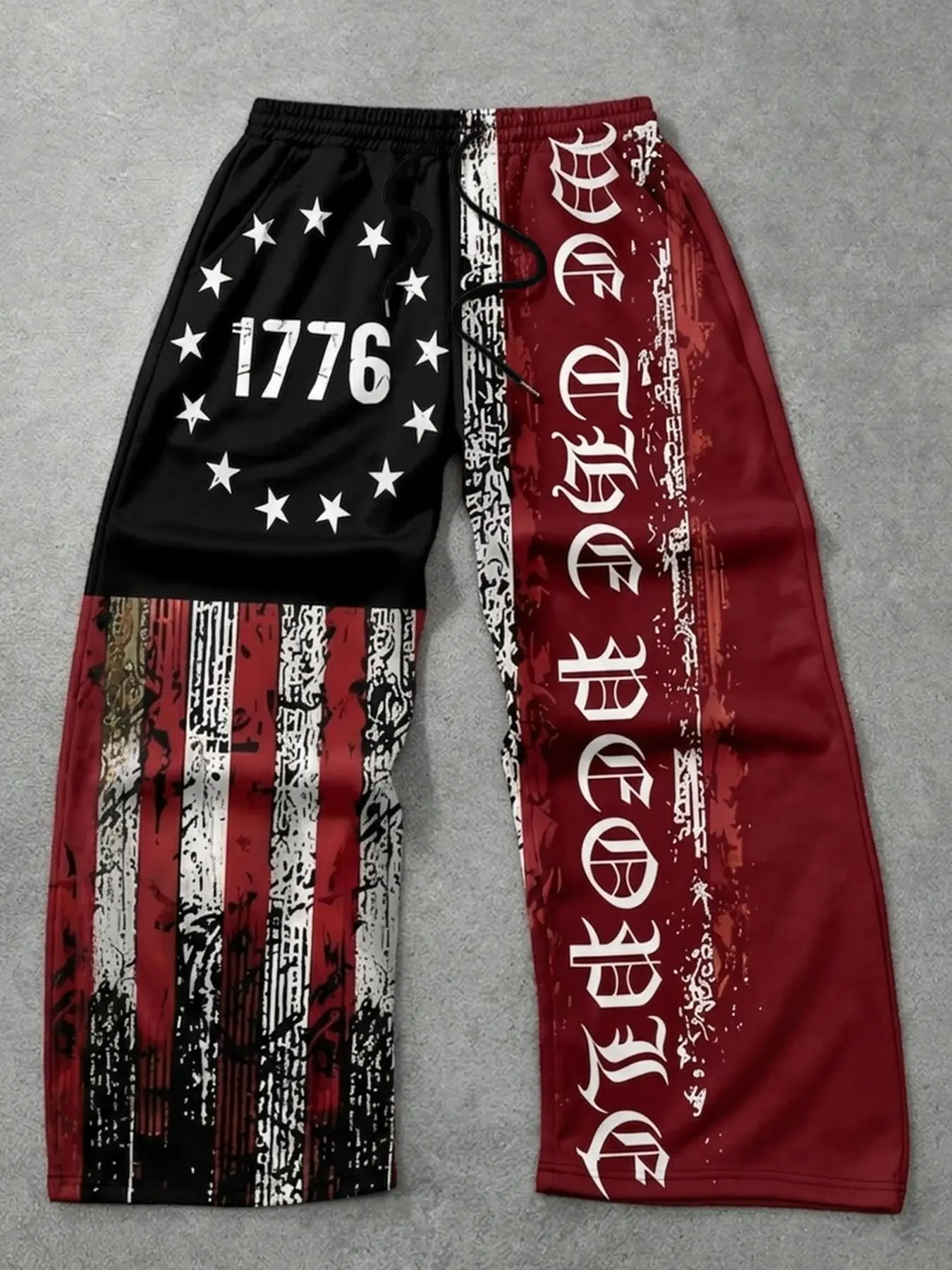 Men's Red & Black Baggy Graphic Sweatpants, Wide-Leg Drawstring Trousers with "1776" American Flag & Gothic Print, Retro Y2K Streetwear Bottoms for All Seasons, Campus Looks, Casual Outings, Travel, Skateboarding, Weekend Wear, and Relaxed Patriotic Styli