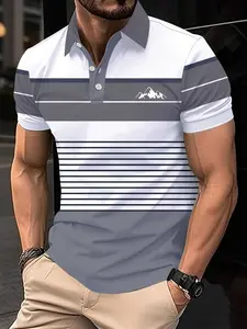 Outdoor Striped Mountain Logo Polo, Casual Short Sleeve Long Top, Perfect for Commuting and Camping, Versatile Two-In-One Shirt