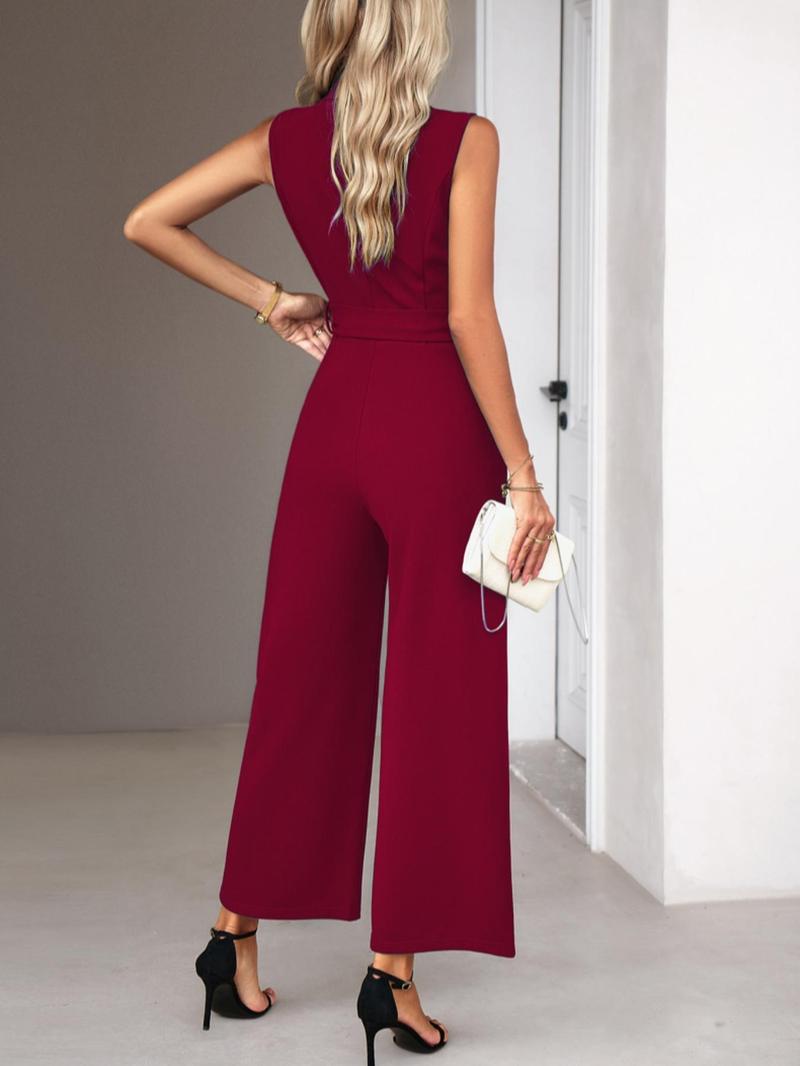Women's Solid Color Jumpsuit with Belt, Elegant Fashion Casual Jumpsuit for Daily Outdoor Wear, Women Jumpsuits for Spring Fall