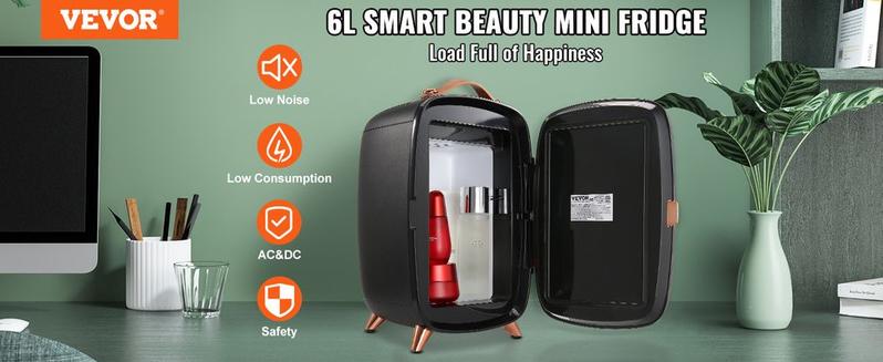 VEVOR Mini Fridge, 6L Skincare Fridge with LED light and HD Mirror, AC/DC Makeup Fridges for Skin Care, Cosmetic Storage, Chill Face Mask Drink, Small Refrigerator for Bedroom Dorm Desktop, Black