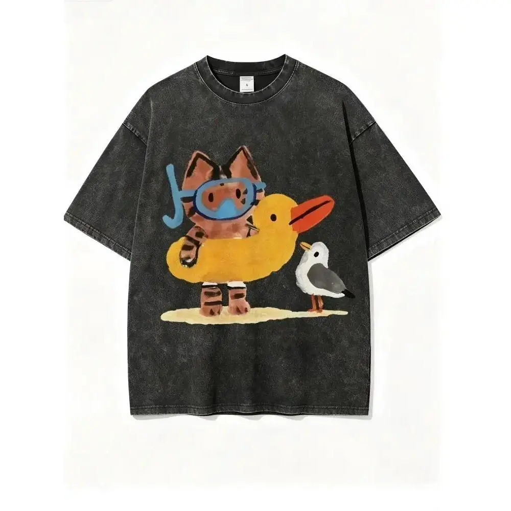 Unisex Cotton T-Shirt - Cat and Seagull Print, Vintage Washed, Colorful, Oversized Loose Casual Streetwear for Summer - Blue, Black Options