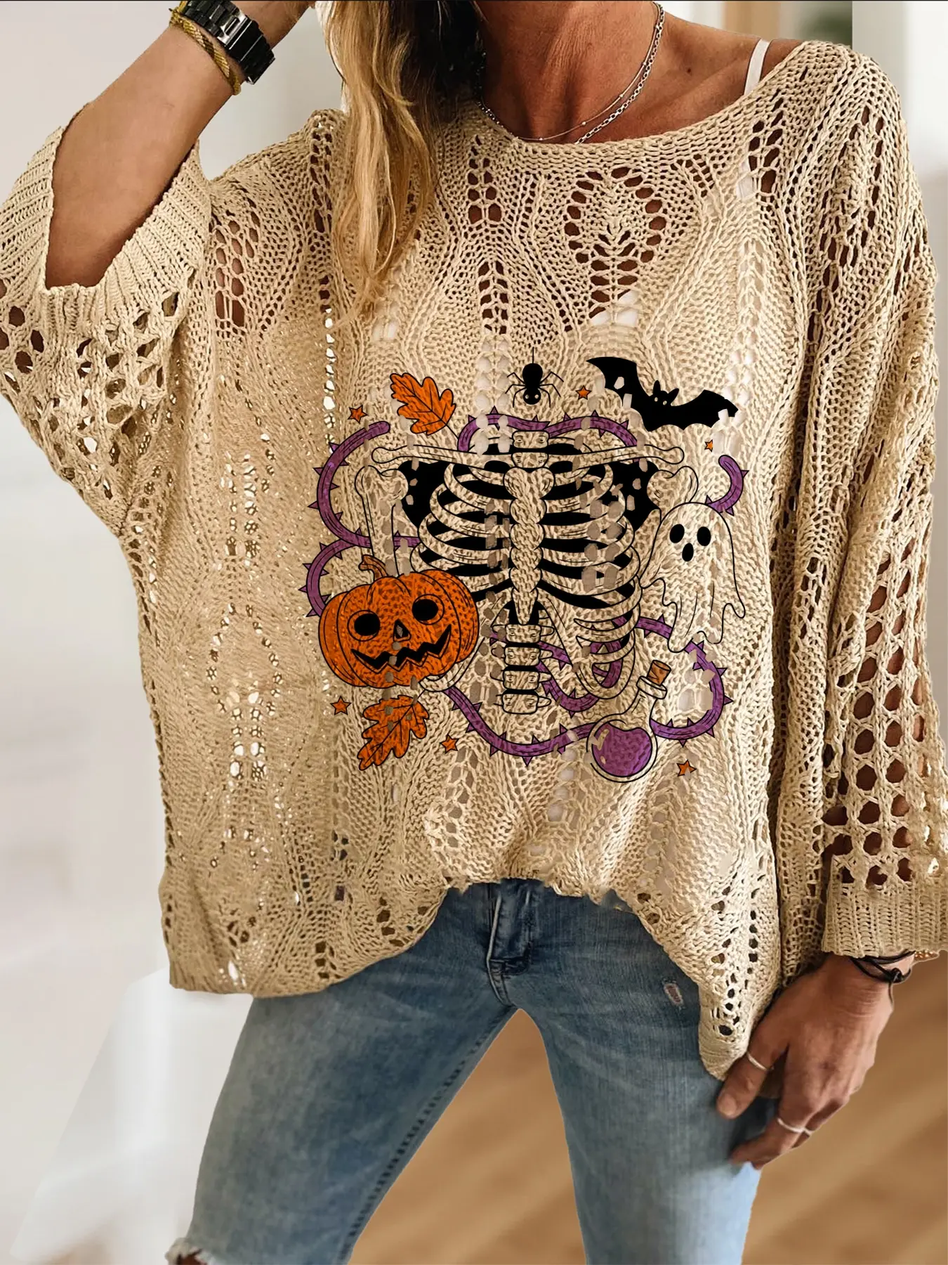 Women's Halloween Pumpkin Skull Print Long Sleeve Knit Top, Casual Elegant Vacation Style Sweater, Comfortable Breathable Loose Fit