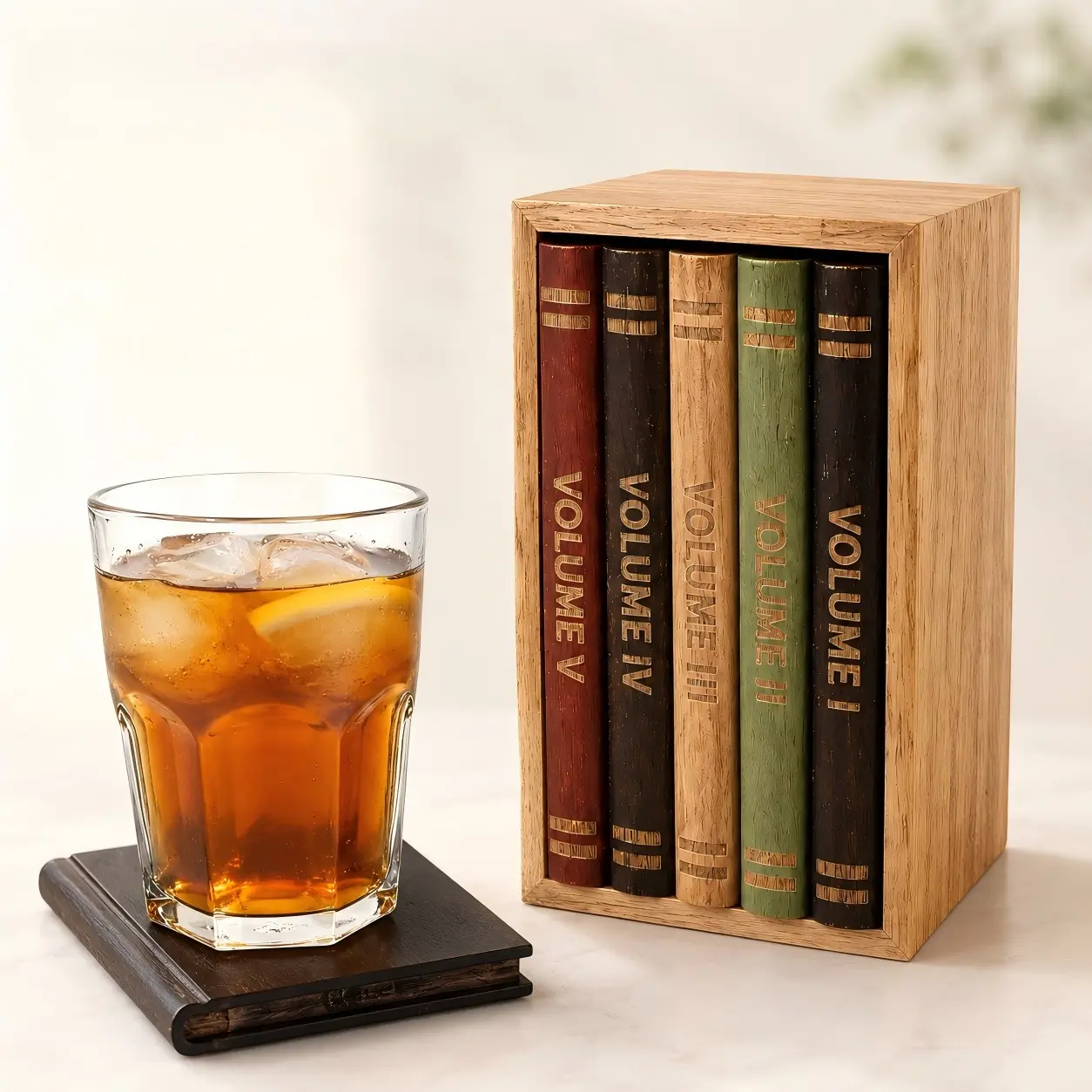 5-piece set of acacia wood coasters in book shape | with wooden storage base | Coffee, tea, and cocktail table decoration | Christmas and housewarming gift