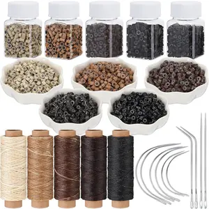 Yuxung 2500 Pcs Hair Extensions Micro Rings Links Beads and 5 Rolls Extensions Sewing Thread and 10 Pieces C/J/I Needles Kit for Human Hair Hand Sewing Wig DIY Craft