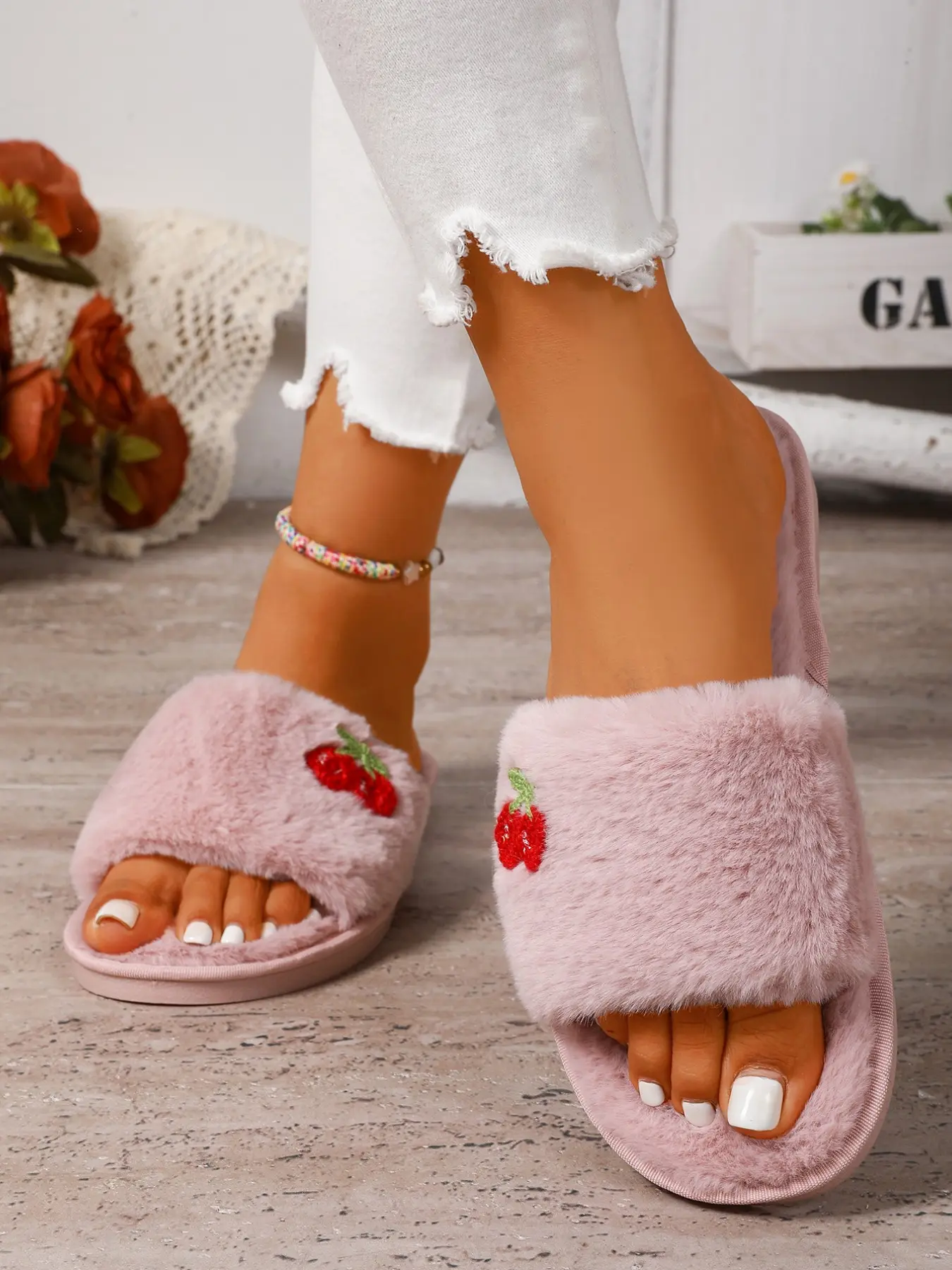 Women's Fresh Style Plush Slippers, Small Cherry Embroidery Detail, Casual Home Wear, Comfortable Daily Use, Perfect for Lazy Days