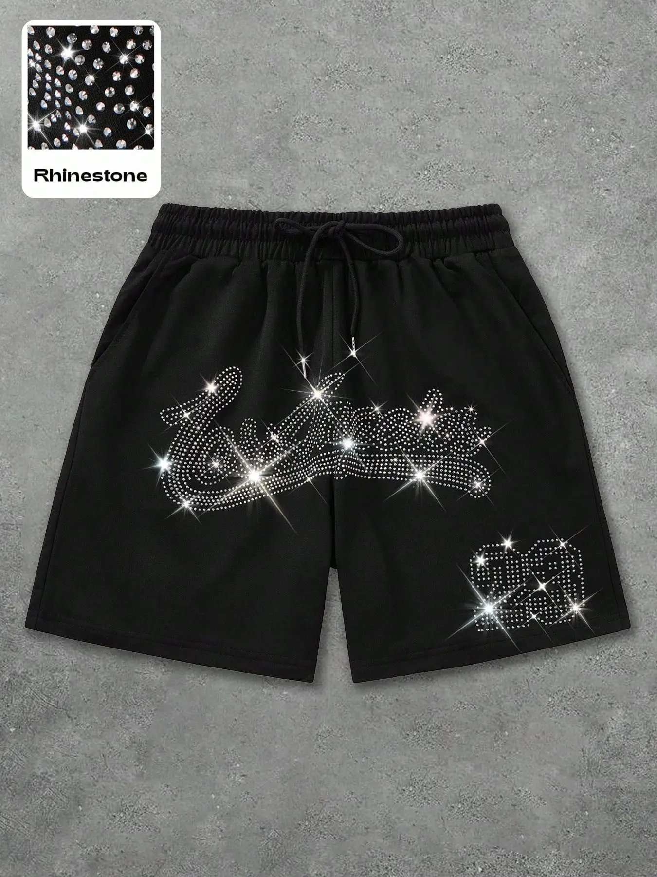 Rhinestone Script Graphic Drawstring Shorts | Sparkling Streetwear Casual Summer Athletic Shorts