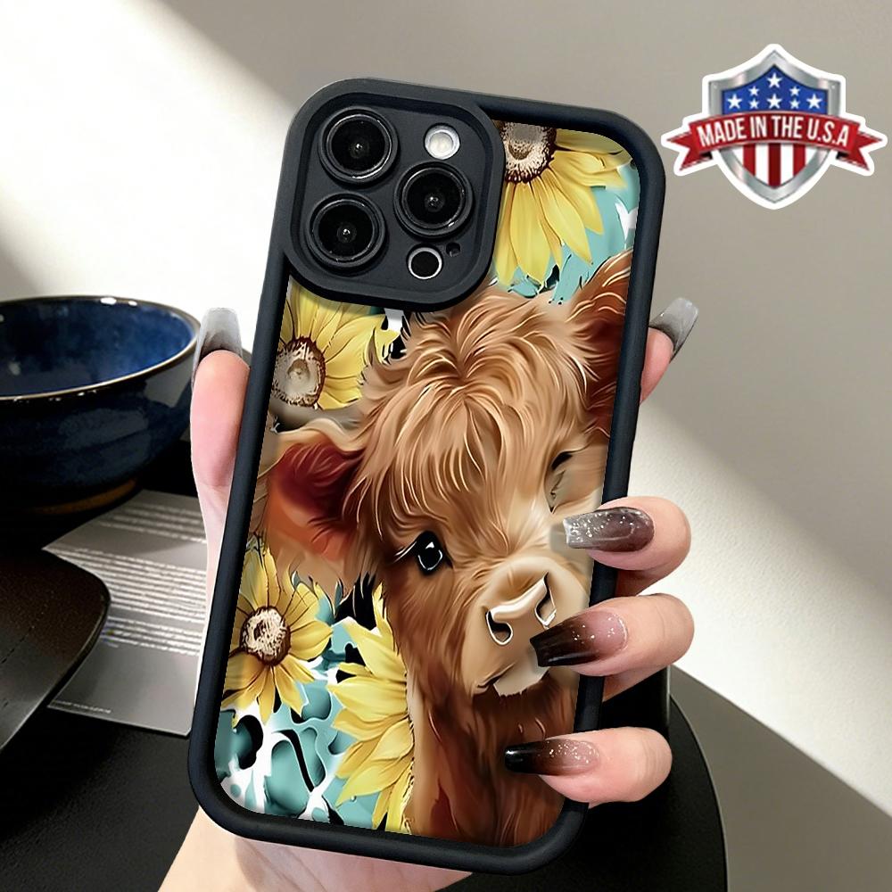 Cute Highland Cow Sunflower Floral Aesthetic Pattern Case for iPhone 17 16 15 14 Pro Max 13 12 11 XR XS Plus Air Slim Shockproof Anti Drop Protective Durable TPU Cover