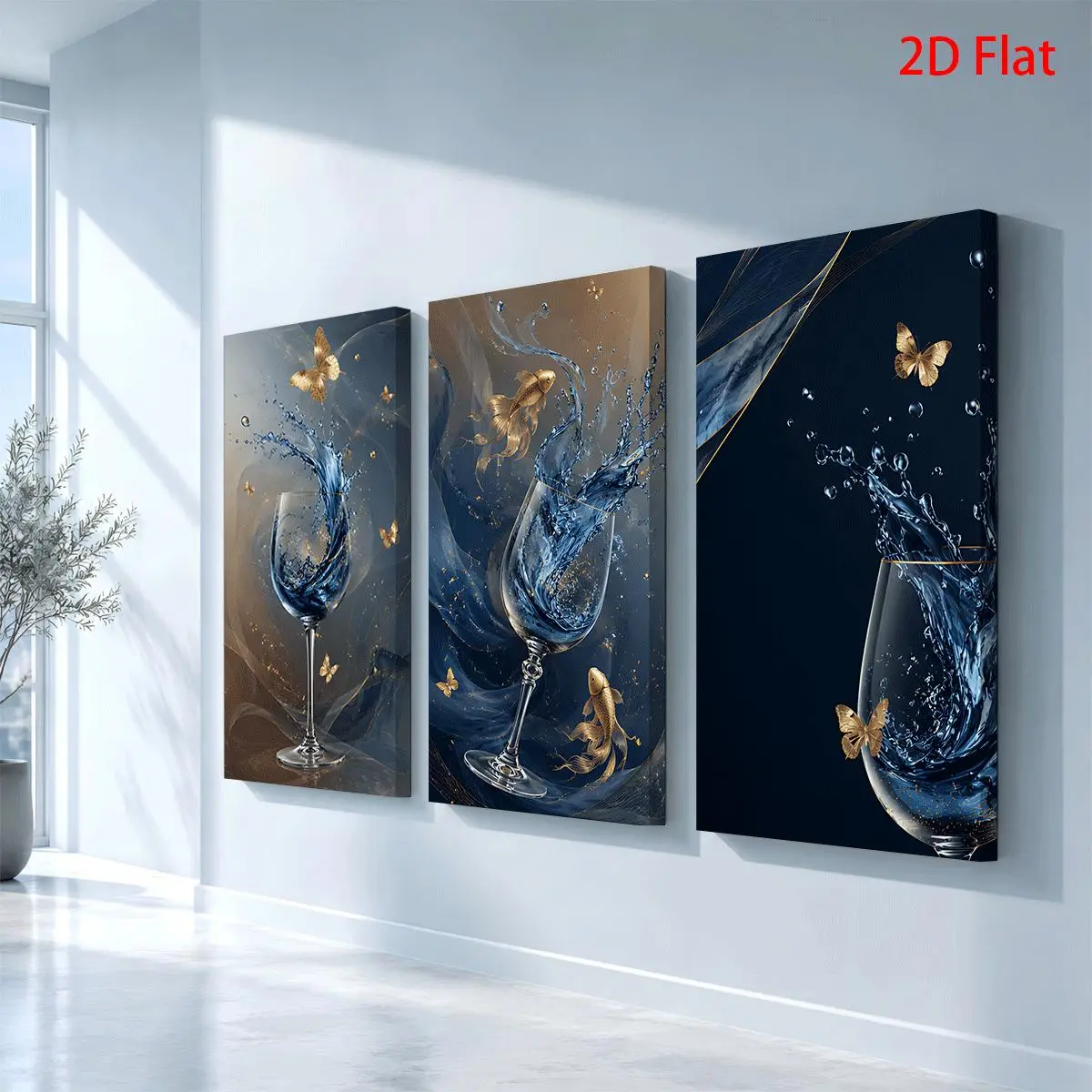 2D three-piece wooden framed canvas wall art--three flat paintings featuring wine glasses, blue water splashes, golden butterflies and goldfish patterns, perfect for aesthetic wall decoration in living rooms, offices, cafes, and other spaces--ideal as a g