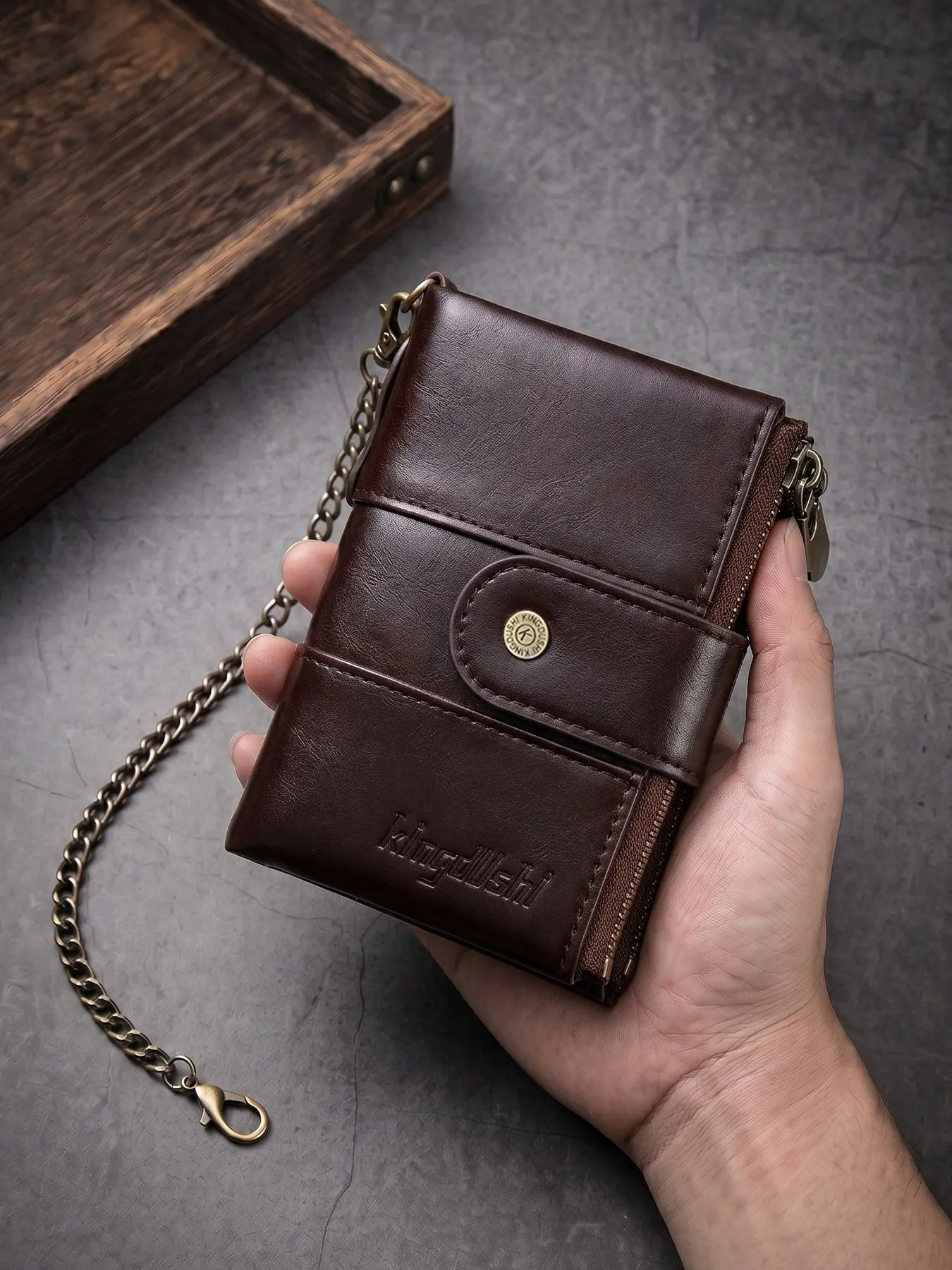 2026 Retro Wax Leather Trifold Wallet, Unisex Multi-Card Holder, Detachable Metal Chain, Mini Crossbody Bag, Coin Pouch Included