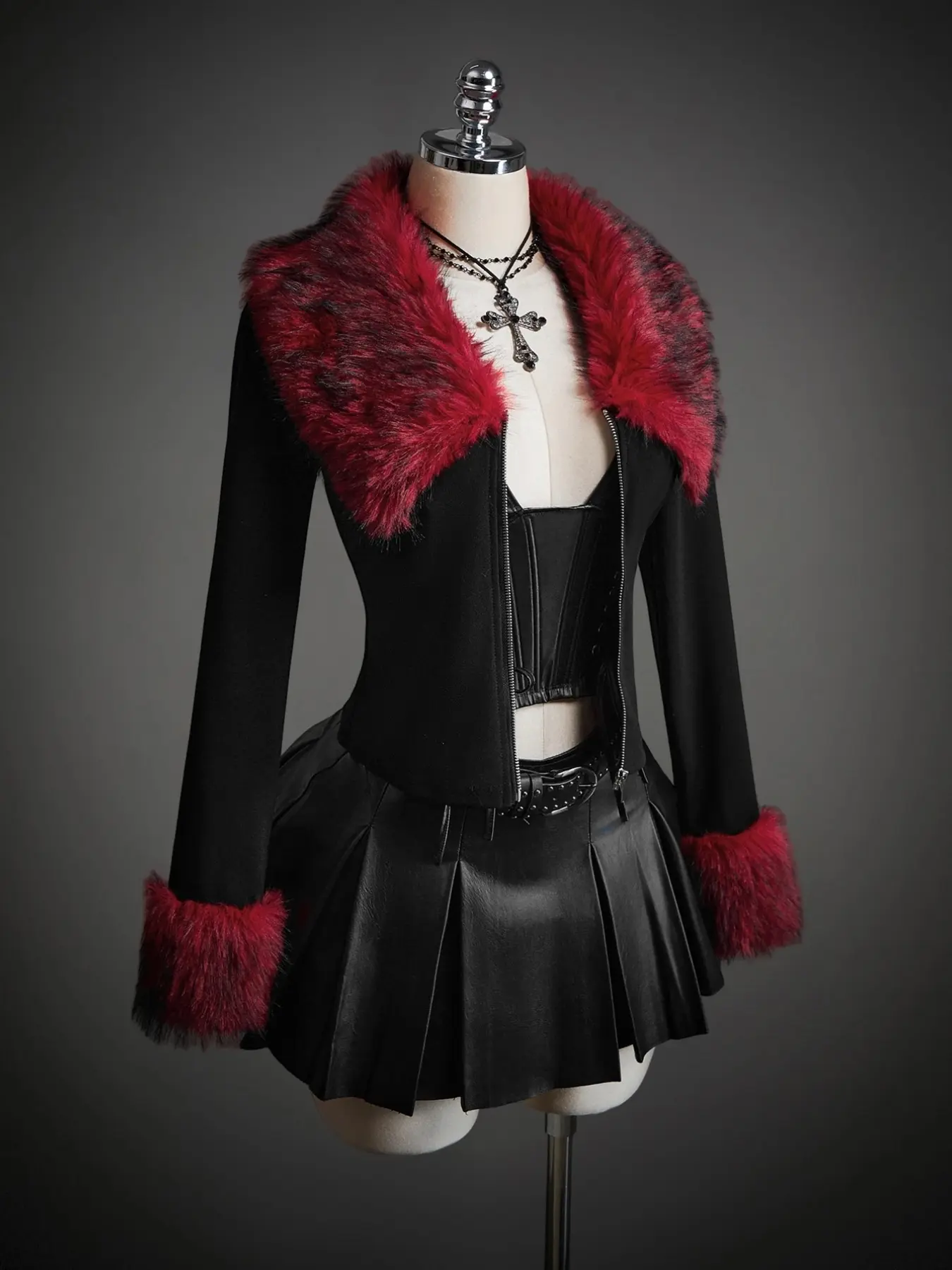Women's Faux Fur Patchwork Short Jacket, Slim Fit Zipper Design, Red Plush Collar and Sleeves, Sexy Retro Fall Winter Streetwear