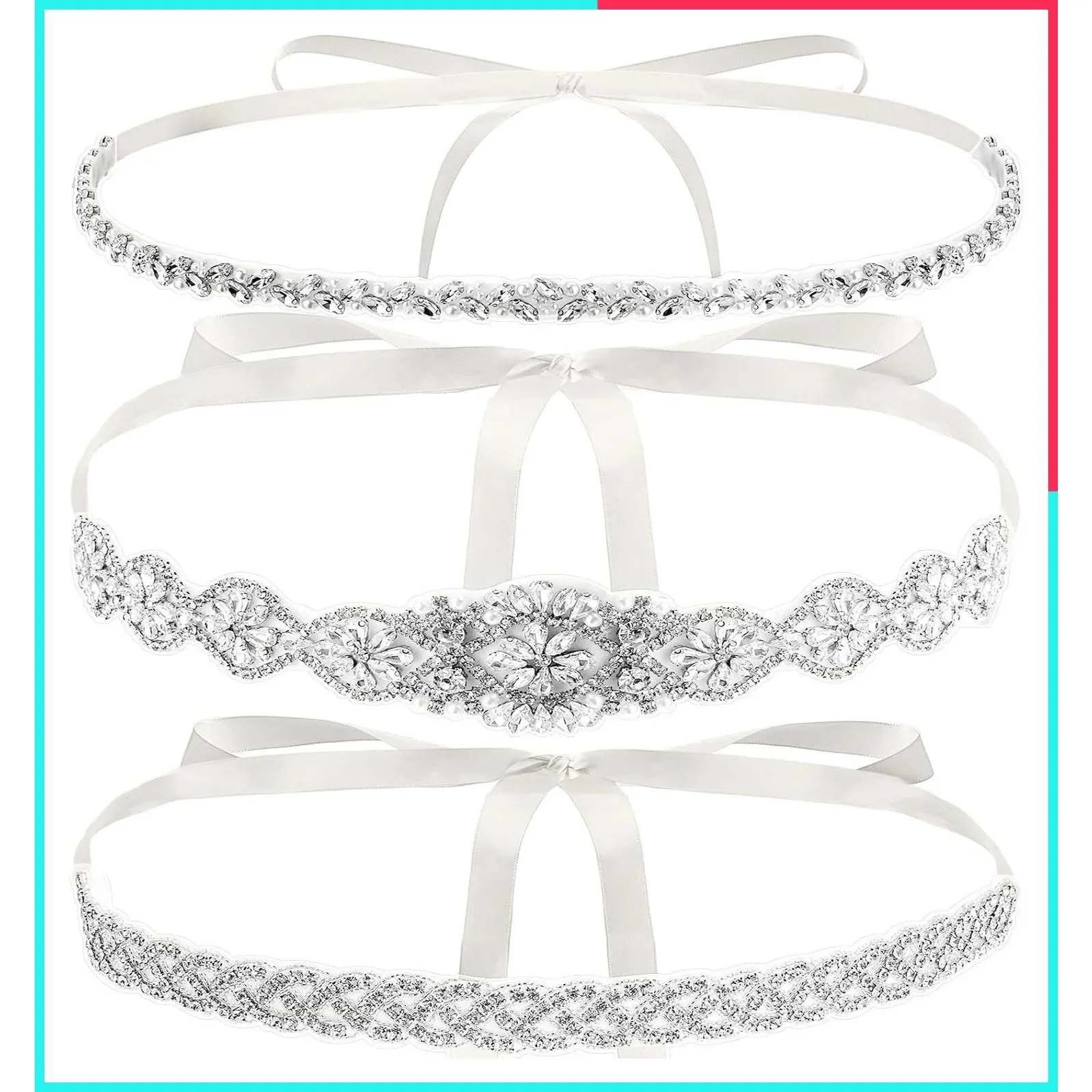 3 Pieces Rhinestone Bridal Belt, Silver Crystal Bridal Sash with White Ribbon for Women, Bride, Bridesmaids, Gown, Party, Prom