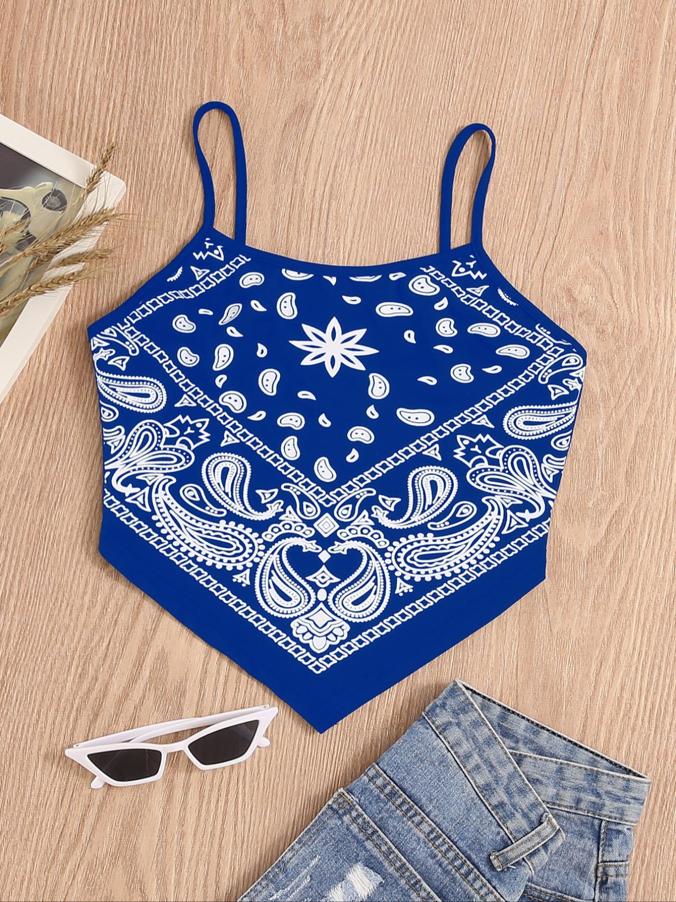 Women's Paisley Print Asymmetrical Hem Crop Cami Top, Summer Clothes Women, Boho Style Sleeveless Cropped Top for Summer, Fashion Casual Ladies Top for Beach Vacation Holiday