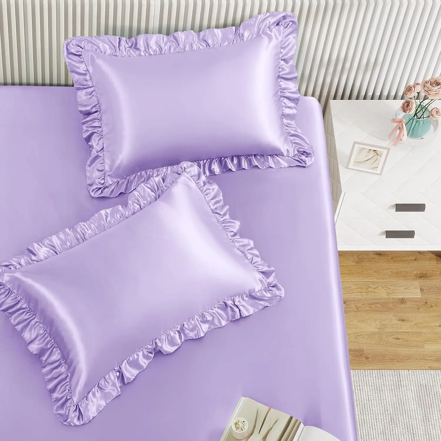 3-Pieces Ruffle Pillow Casatin Fitted Sheet Set, Lavender Queen Sheets with 2 Ruffled Pillow Shams, 15 Inch Deep, Cute & Coquette Silk-Like Bed Set for Decorating Bedroom