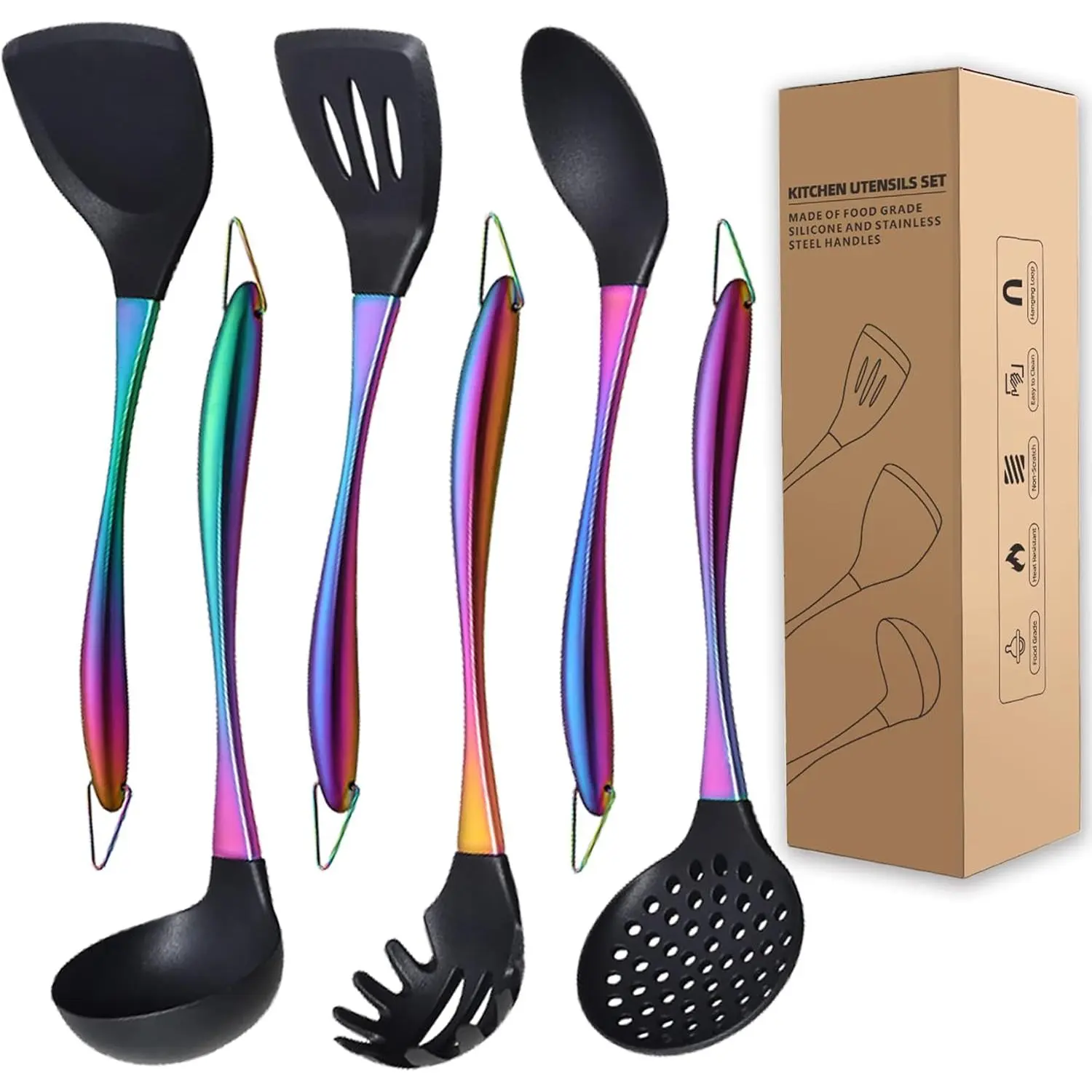 Kitchen Utensils Set, Large Non-stick  Cooking Utensils Set 6 count,Made of 446°F Heat Resistant  Grade  and Stainless Steel Handles,Easy to Clean Kitchen Gadgets Set (Rainbow)