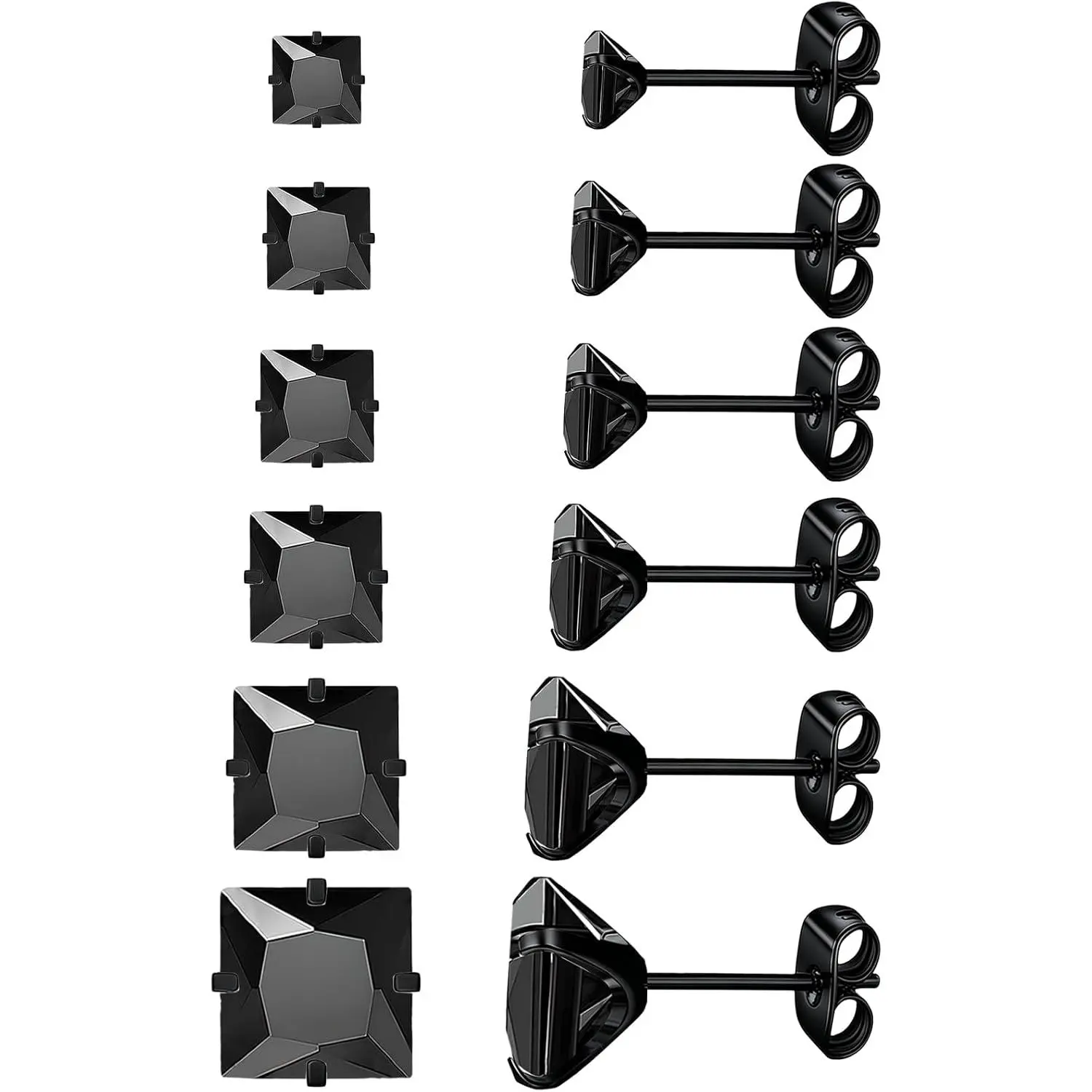 6 Pairs Black Earrings for Men Stainless Steel Stud Earring Set |  316L, 5A+ Cubic Zirconia, 3-8mm, Halo Earring for Women Men, Cartilage Studs, Multiple , Mens Earrings
